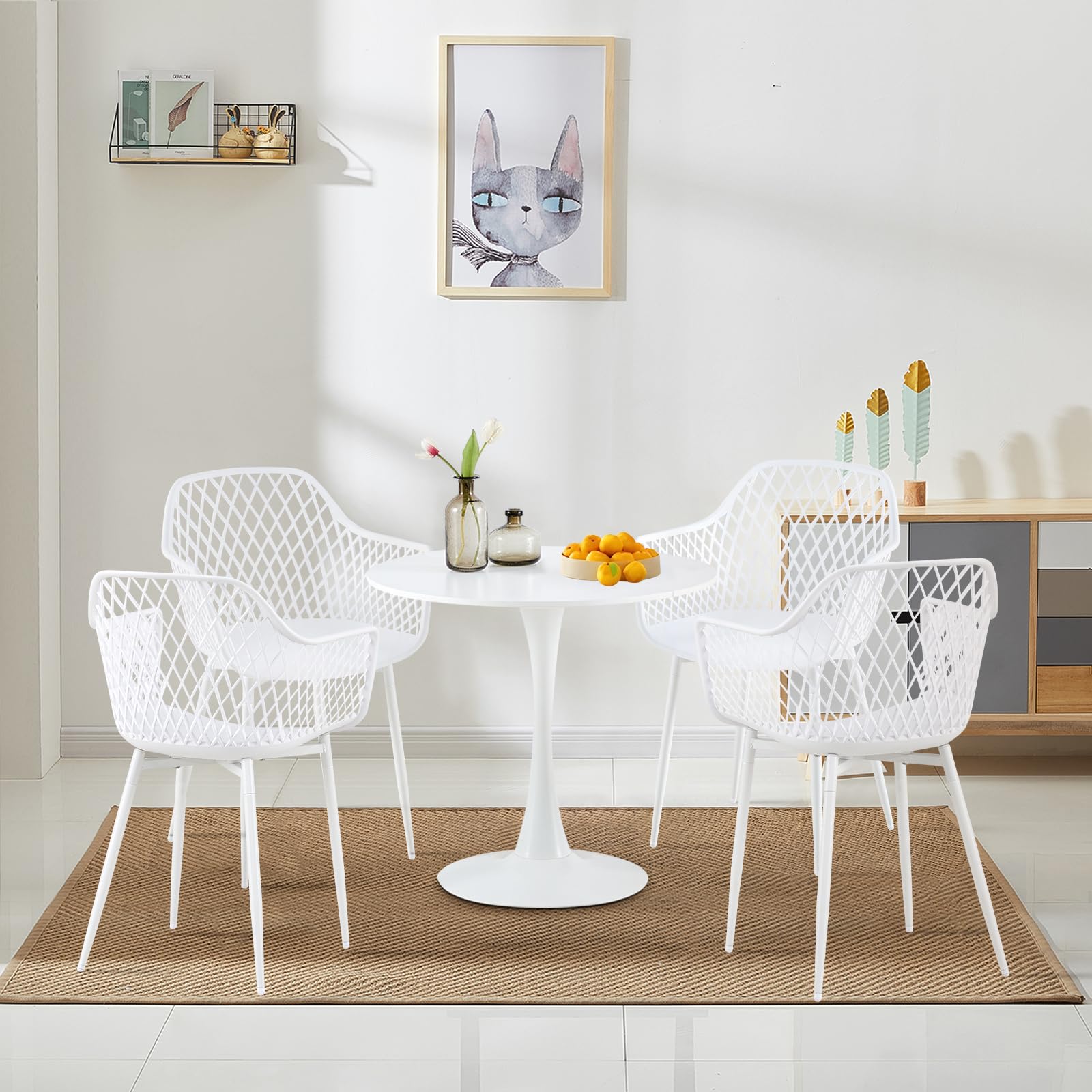 buybyroom Skandinavisches Weißem Esstisch und 4 Weißen Stühlen, Runder Esstisch, Küchenstühle, Geeignet für Wohnzimmer, Esszimmer und Büro, 80 cm Runde Unterbrochene Tischplatte