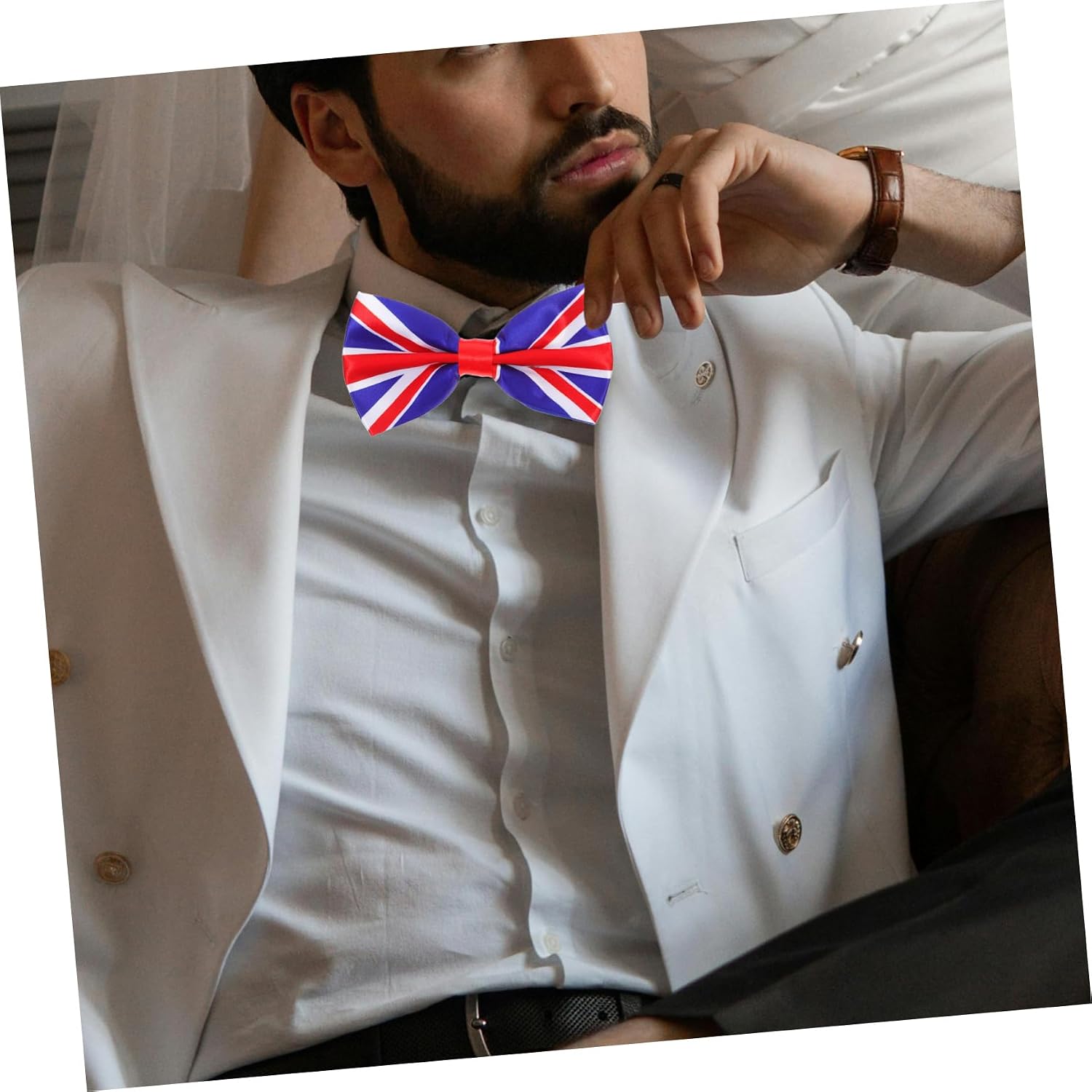 NOLITOY UK Flag Bowtie for Men Silk Patriotic Bow Tie Adjustable Cravat for Weddings and Parties Classic Neckwear for Formal and Casual Occasions