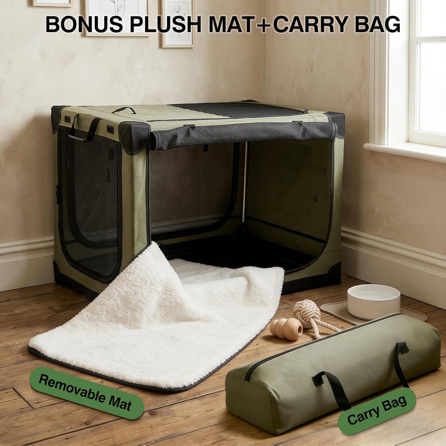 30" L x 21" W x 21" H Collapsible Travel Dog Crate, Portable Soft Dog Kennel for Medium Dogs up to 45 lbs, 4-Door Foldable Travel Crate with Durable Mesh & Storage Bag, Green