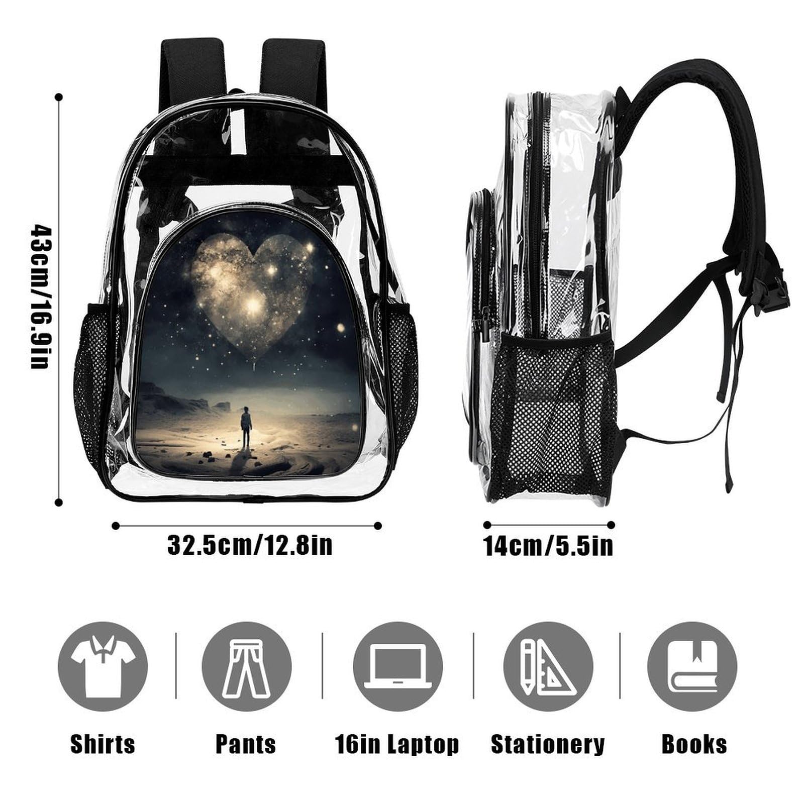 Transparenter Rucksack in Stern-Herzform, groß, transparent, PVC, Büchertasche für Sicherheit, Arbeit, Reisen, Stadion