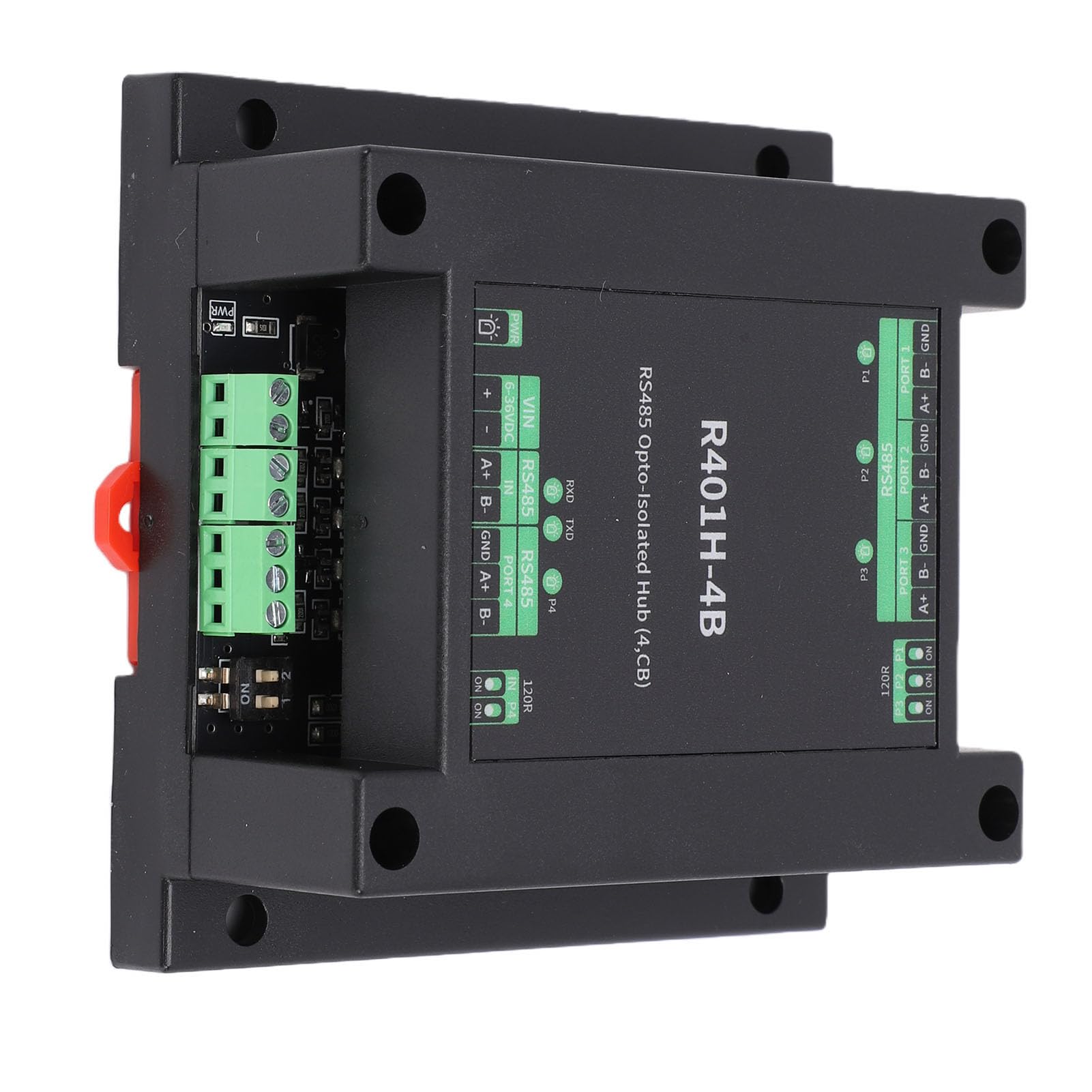 Sxhlseller Hub 485 Optoisolato Trasferimento Trasparente Half Duplex a 4 Porte, Montaggio su Guida DIN Hub 485 con Alimentazione e Isolamento Ottico, 32 Nodi per Porta, velocità di Trasmissione 1Mbps,