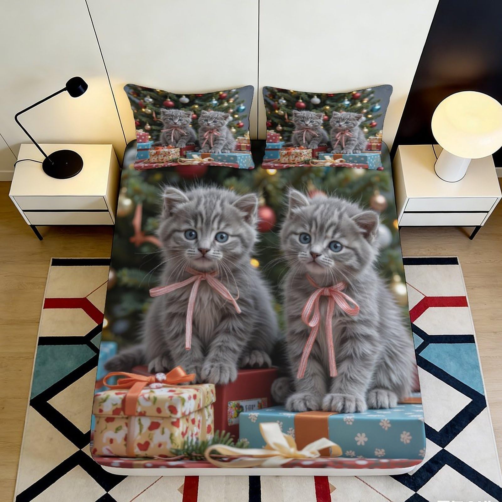 3D Printed Cute Kitten Fitted Sheet Microfiber Soft Breathable Mattress Cover for Bedroom Dorm Dormitory Guest Room Protection 120x200x25cm