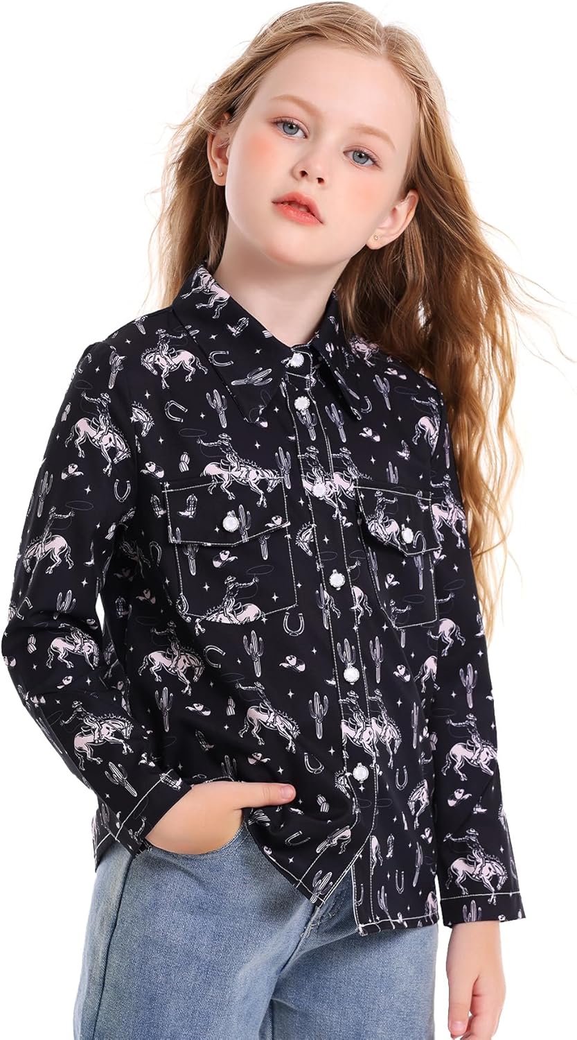 Girls Western Shirt Long Sleeve Collared Retro Button Down Shirts for Teen Cowboy Style Country Outfit - Image 6