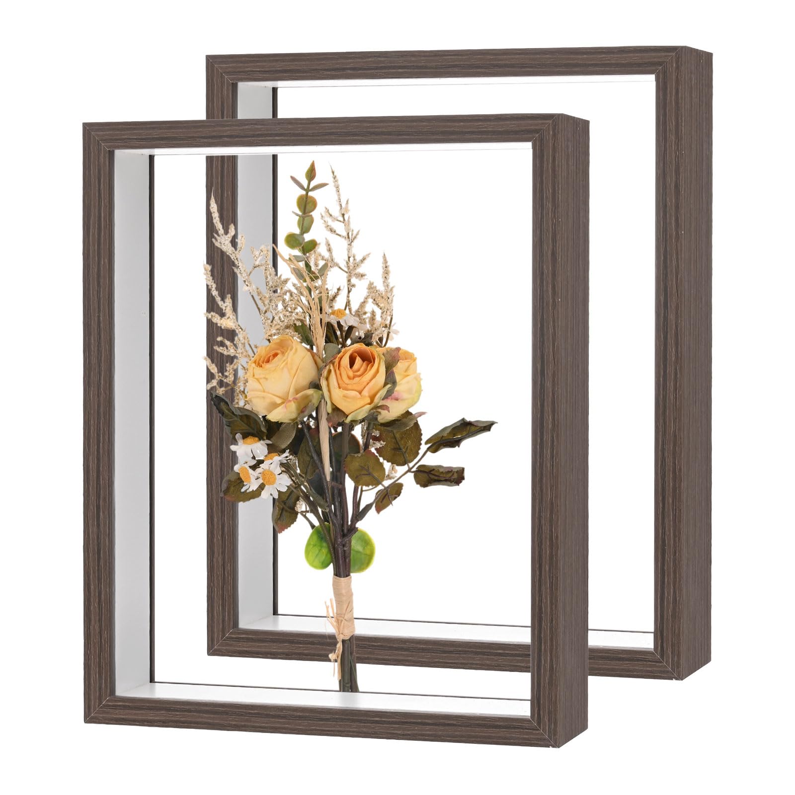 M METERXITY 2-Pack Dried Flower Frame, 8 x 10 Inch Double Acrylic Wooden Dried Flower Photo Floating Frame for Tabletop/DIY/Handicrafts [Coffee]