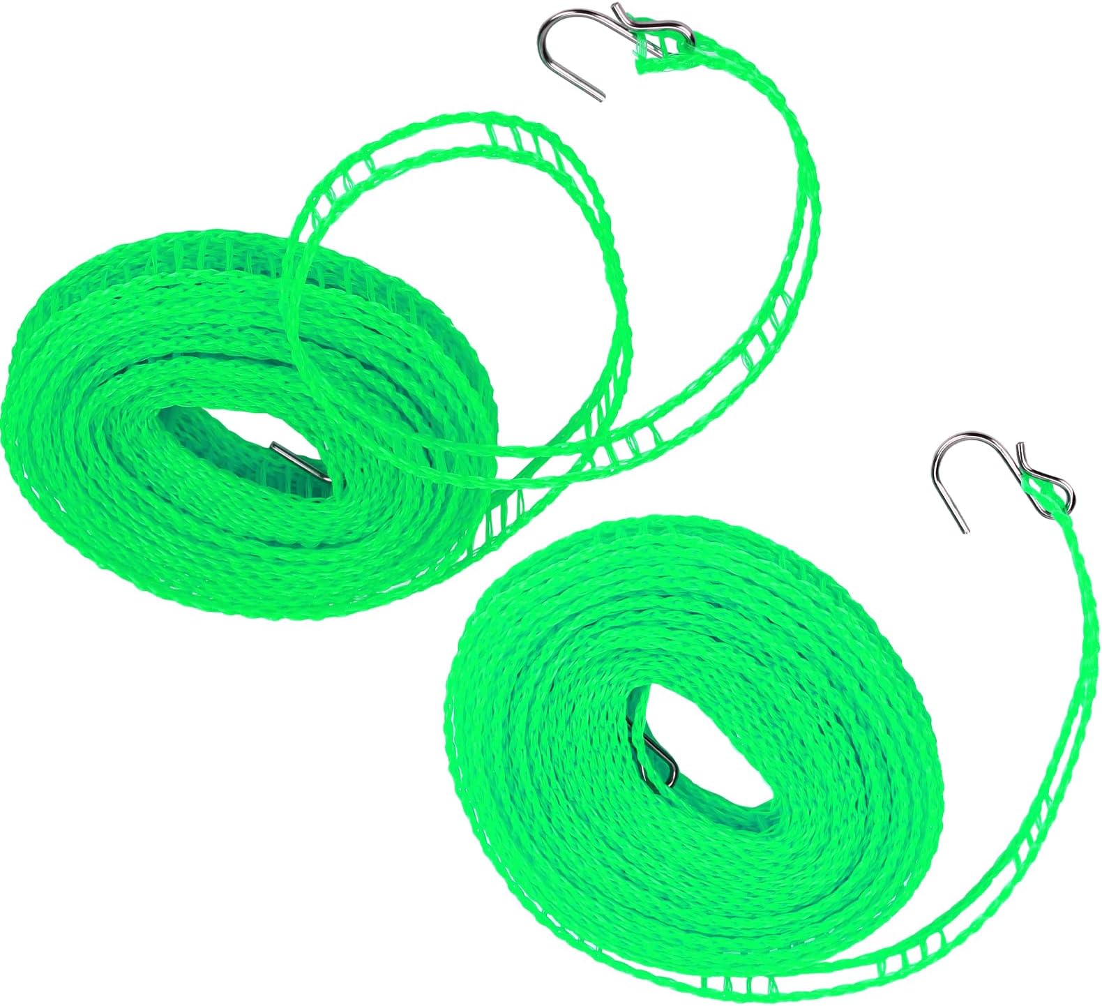2 Pack 5m/16.4ft Portable Clothesline Clothes Line Windproof Clothes Line with Hooks Travel Clothesline Non-Slip Nylon Clothesline for Hanging Clothes Outside(Green)