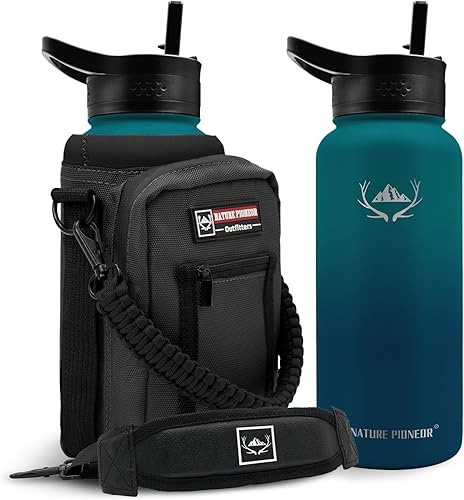 Botellas de agua aisladas con popote NATURE PIONEOR - Botella de acero inoxidable al vacío de 32 onzas con soporteportadorfunda - Jarra de agua