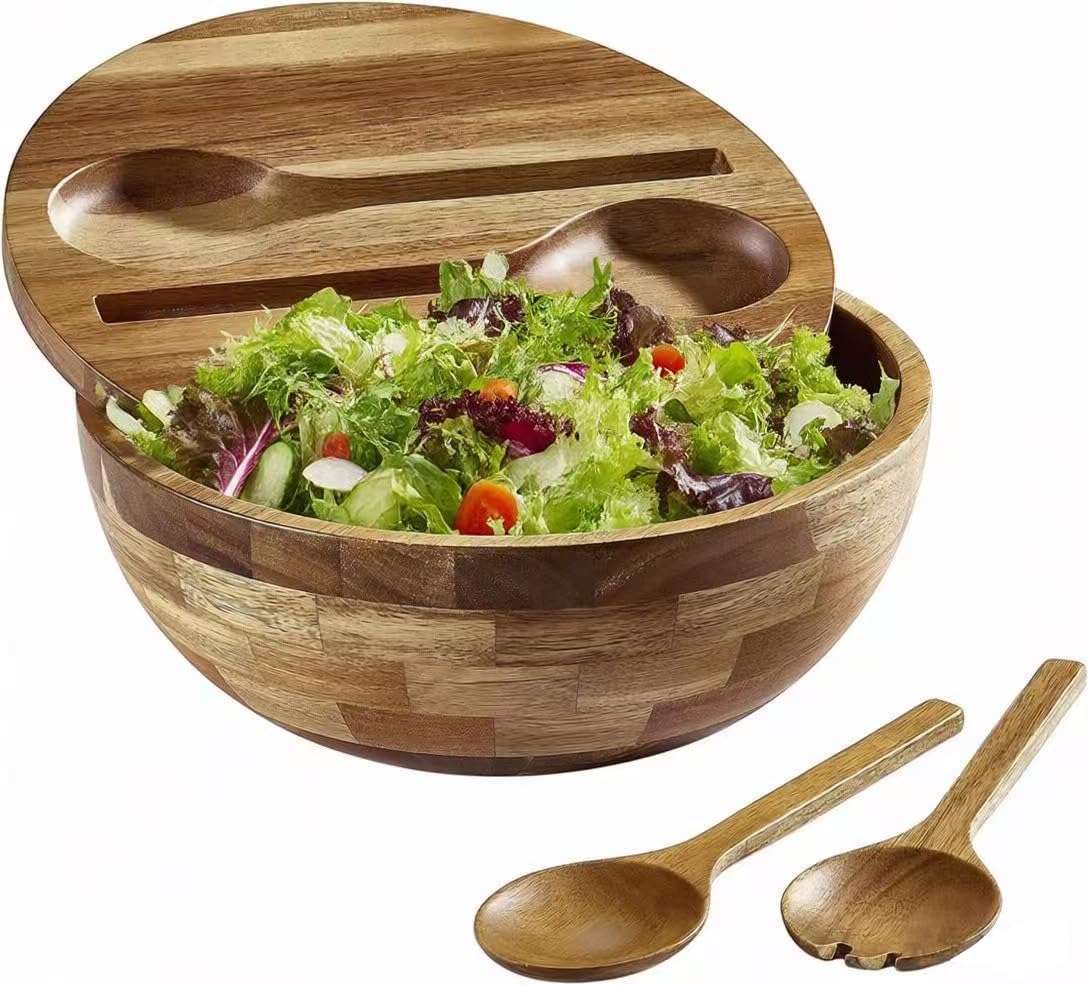Wooden Salad Bowl, Salad Bowls, 11.8" Large Salad Bowl with Serving Utensils, Big Wood Serving Bowls for Food, Fruits, Salad, Cereal, Corn flake, Pasta