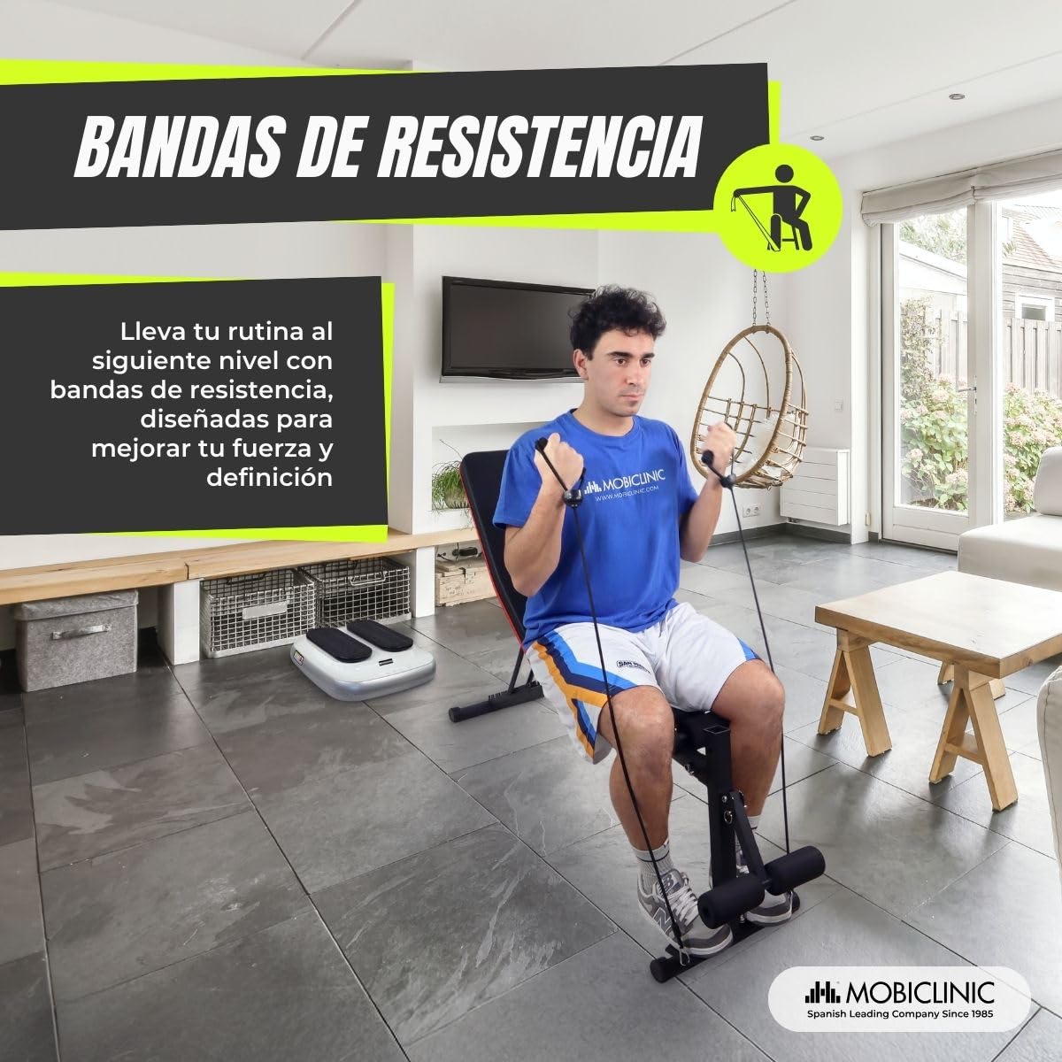 Mobiclinic®, Banco de Musculación, Con Cintas de Resistencia, Plegable, Con Ruedas, Multifunción, Press de Banca, Ajustable, Declinable e Inclinable, Hasta 120KG, Planefit, Gimnasio en casa