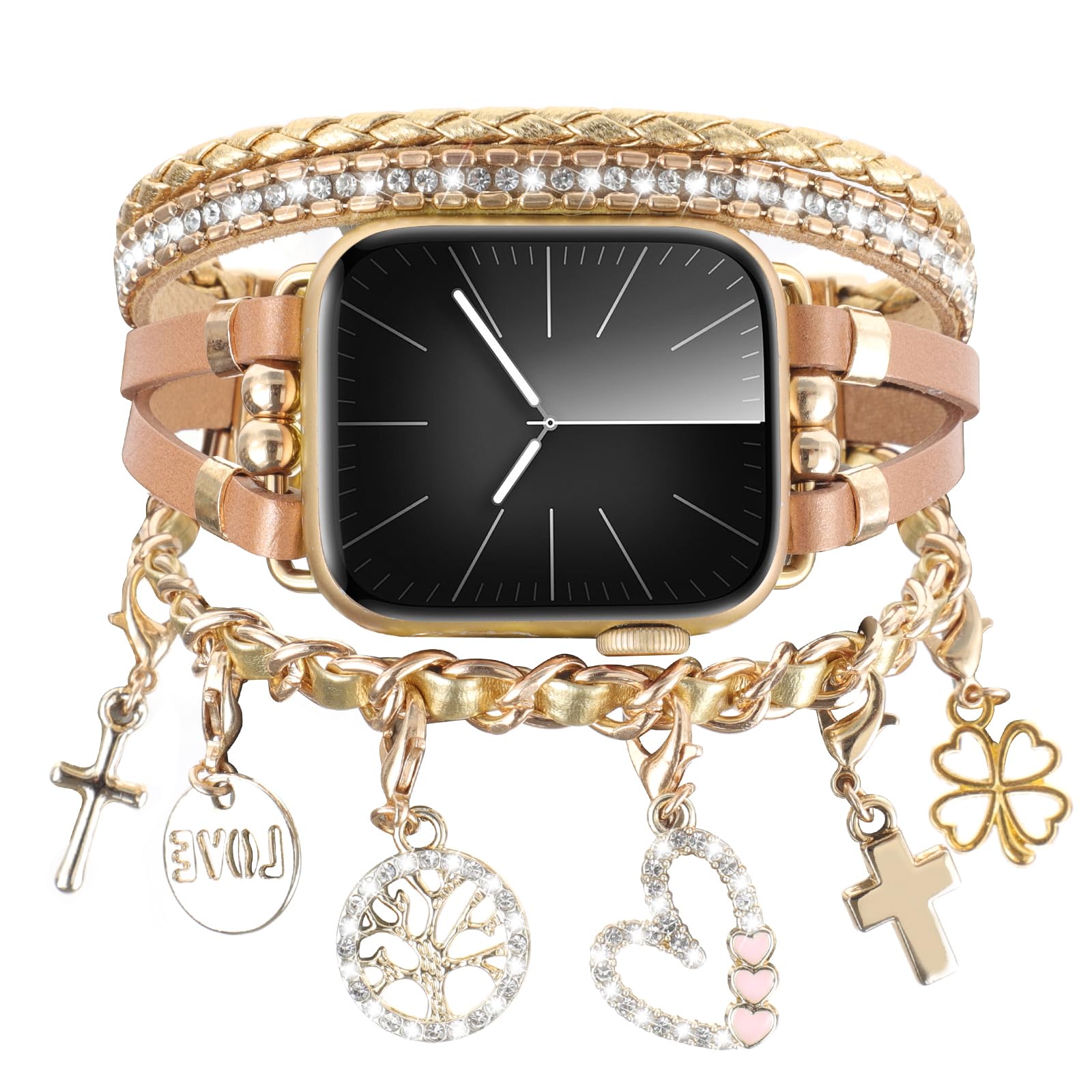 Boho Chain Band Compatible with Apple Watch Band 49/46/45/44/42mm 41/40/38mm Women, Leather Multilayer Wrap with Interchangeable Charms Dressy