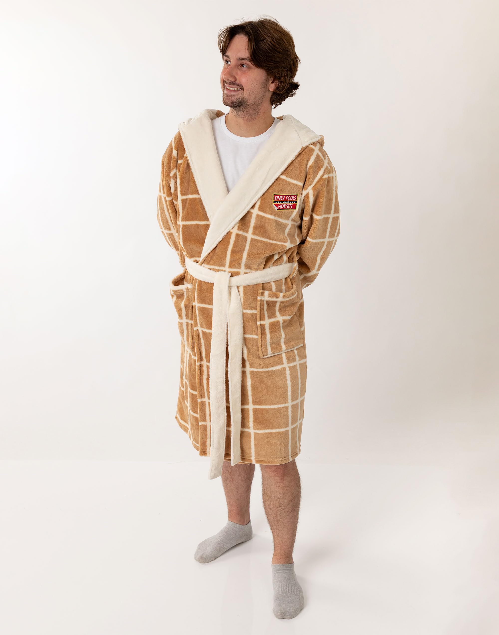 Only Fools And Horses Albornoz con capucha marrón y crema para hombre| Prenda de estar por casa de forro polar suave y cómoda para el baño y el descanso | Diseño clásico a cuadros