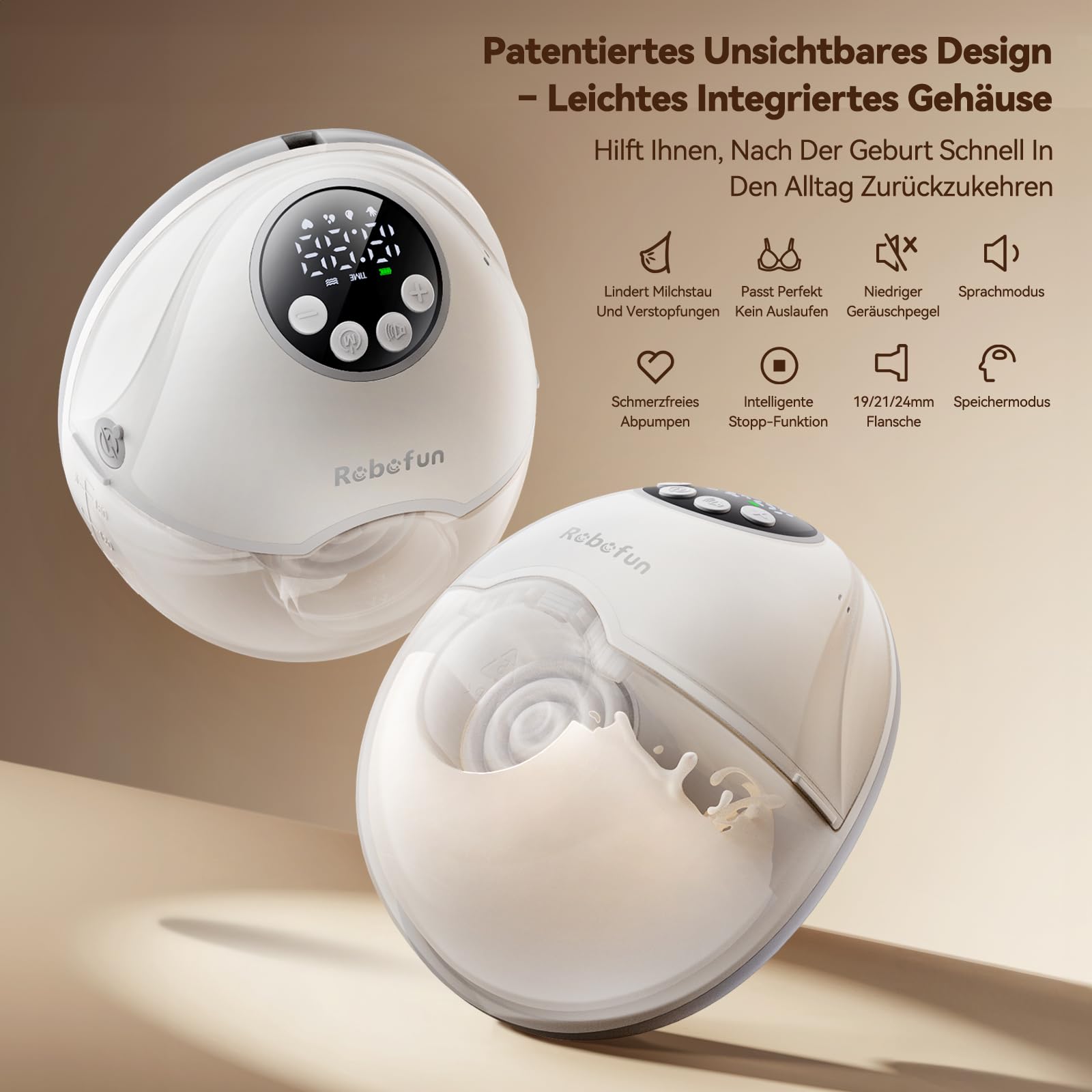 Robofun 2er-Pack Milchpumpe Elektrisch Freihändig, Leise Doppelmilchpumpe mit 4 Modi und 12 Saugstufen, Elektrische Milchpumpe Handsfree, Intelligente Anti-Überlauf-Funktion, mit Storage Box
