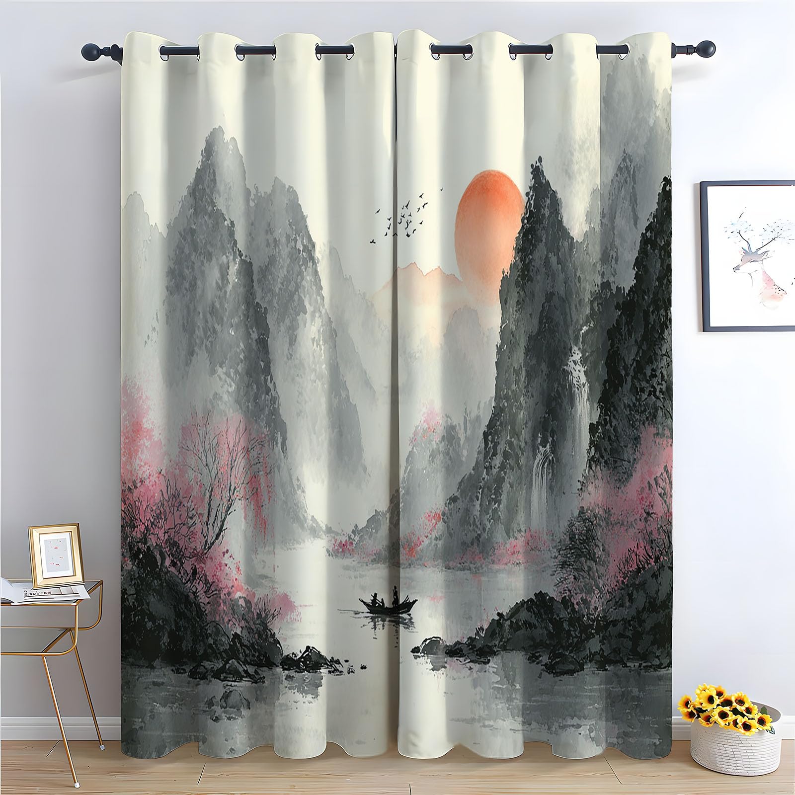 WQBQKKX Abstract Line Curtains Eyelet Soft Thermal Insulated Ink Painting Textured Farmhouse Curtains Leaf Printed Eyelet Rustic Drapes Window Treatment-52 W x 72" L (Pack of 2)