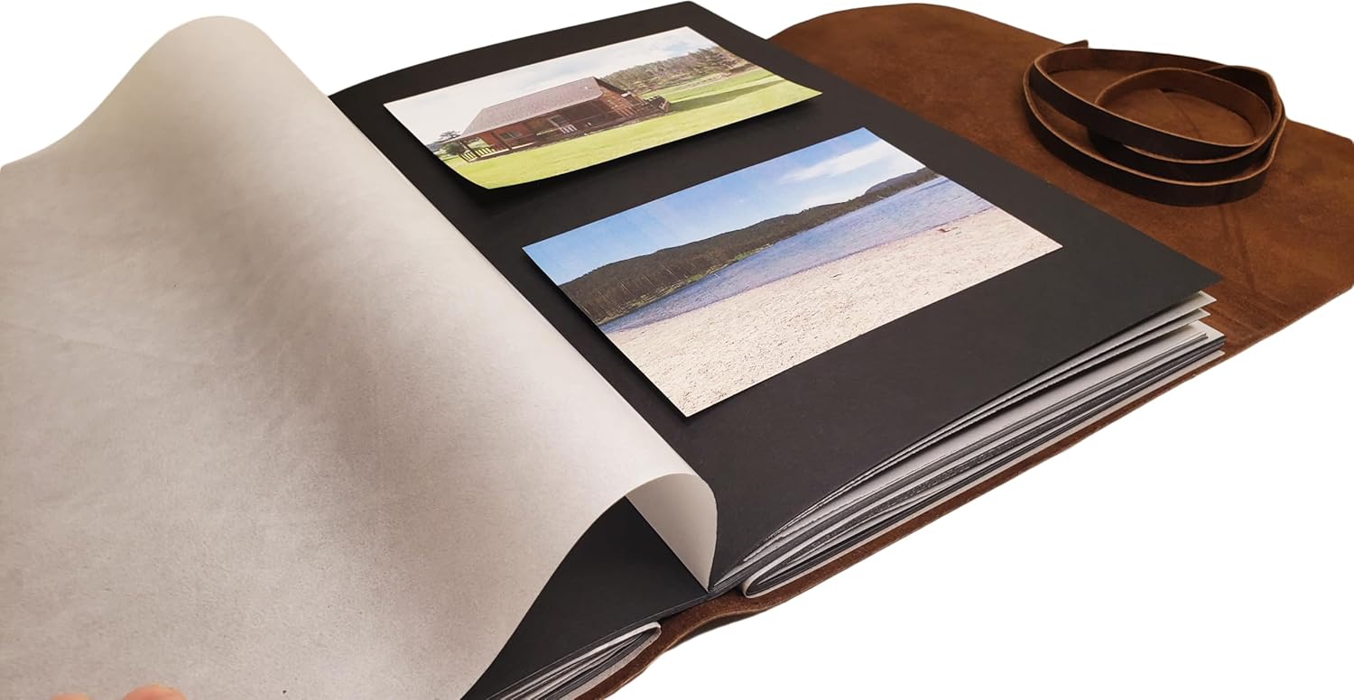 Large Vintage Leather Photo Album with Black Pages - Scrapbook Style Pages with Gift Box - Holds 100 4x6 or 5x7 Photos