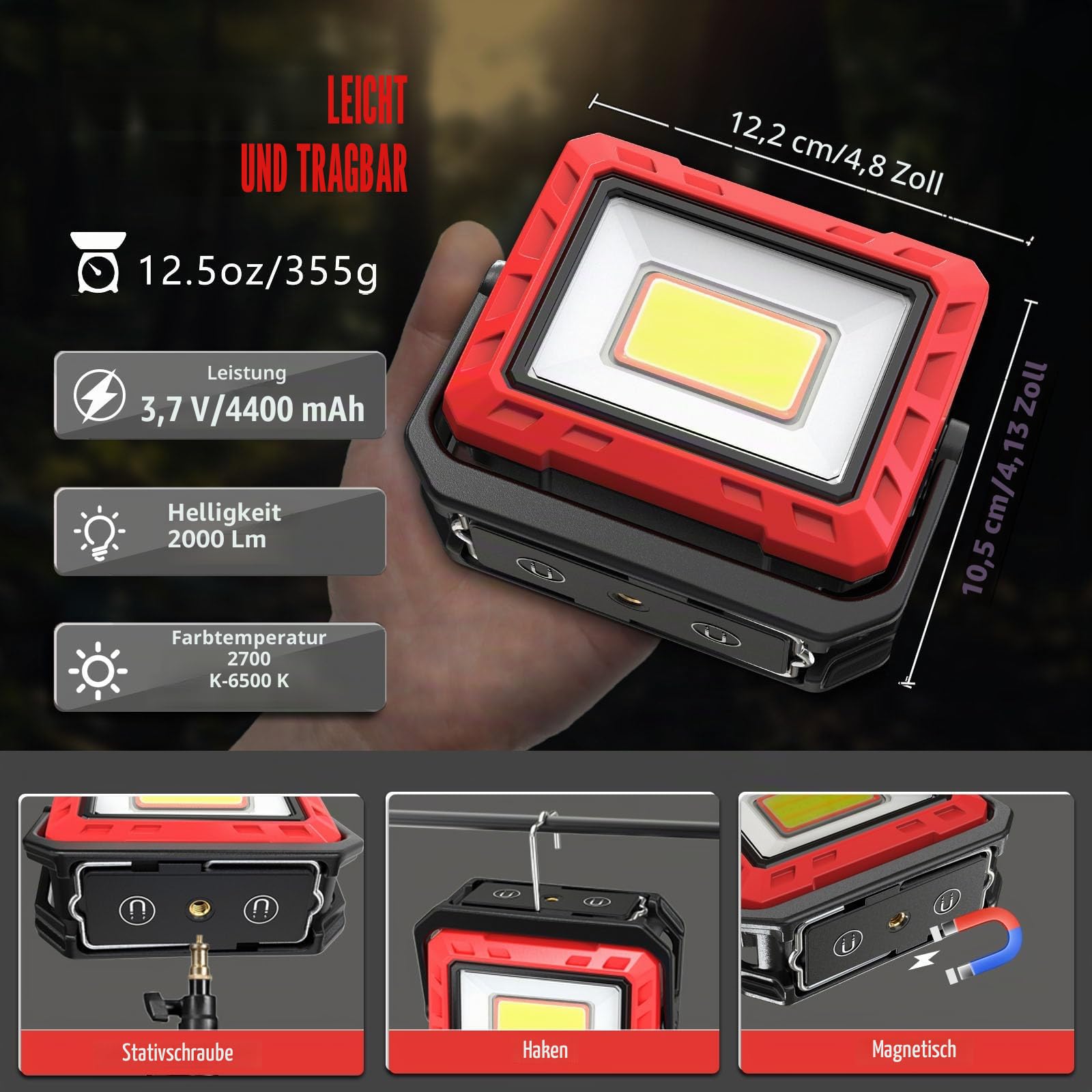 2 Stück LED Arbeitsleuchte, 2000 Lumen Super Helle Werkstattlampe, Tragbare Akku Lampe Inspektionslampe mit Powerbank Funktion, für Garage Werkstatt Baustelle Camping (Rot1-2)