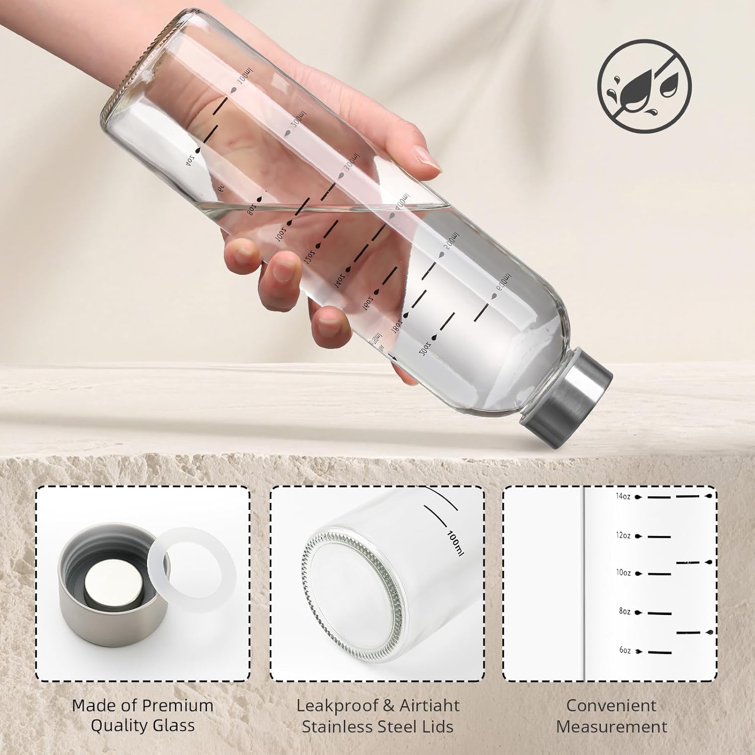 Glass Juice Bottles with Lids 25 oz Reusable Glass Water Bottles with Stainless Steel Caps 2 Pack, BPA Free,Leak Proof,Dishwasher Safe,for Refrigerator, Juicing, Iced Coffee, Cold Brew - Image 2