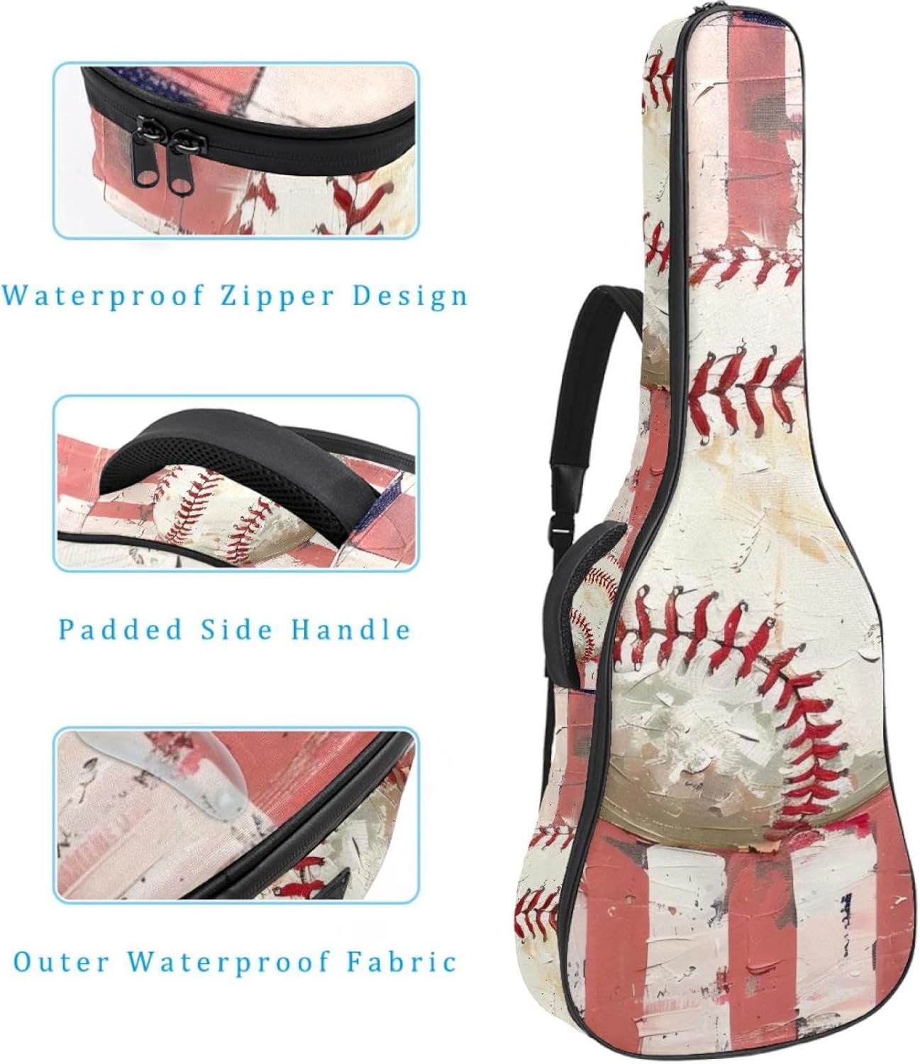 Acoustic Guitar Gig Bag 1 cm Thick Padding, Waterproof Electric Guitar Bag 40-42 Inch Guitar Case Backpack with Dual Shoulder Strap, Baseball Stripe Print