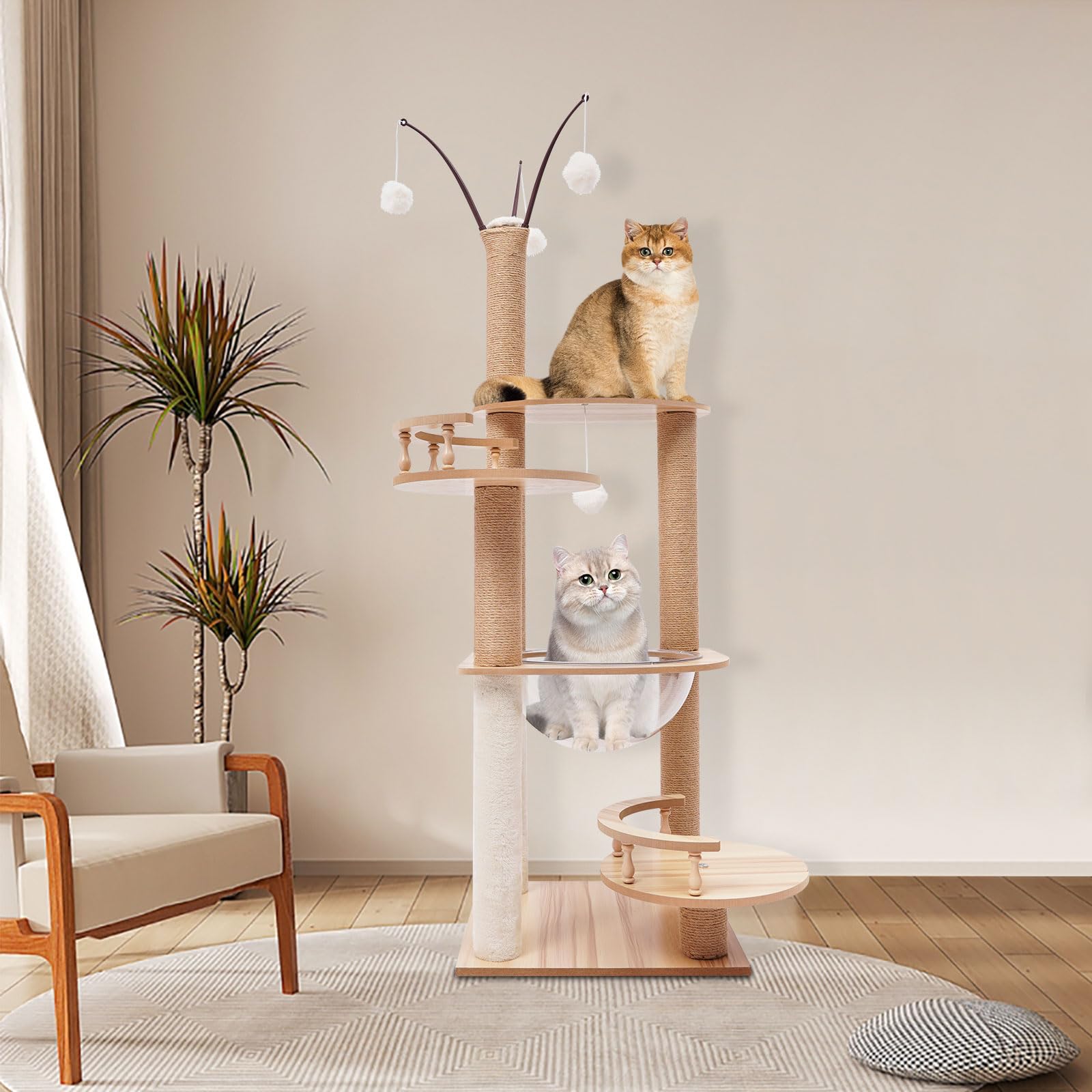Tiragraffi per gatti, 132 cm, albero da arrampicata per gatti con colonna tiragraffi per gatti, albero tiragraffi per attività a più livelli, con capsula trasparente e palline da gioco, per