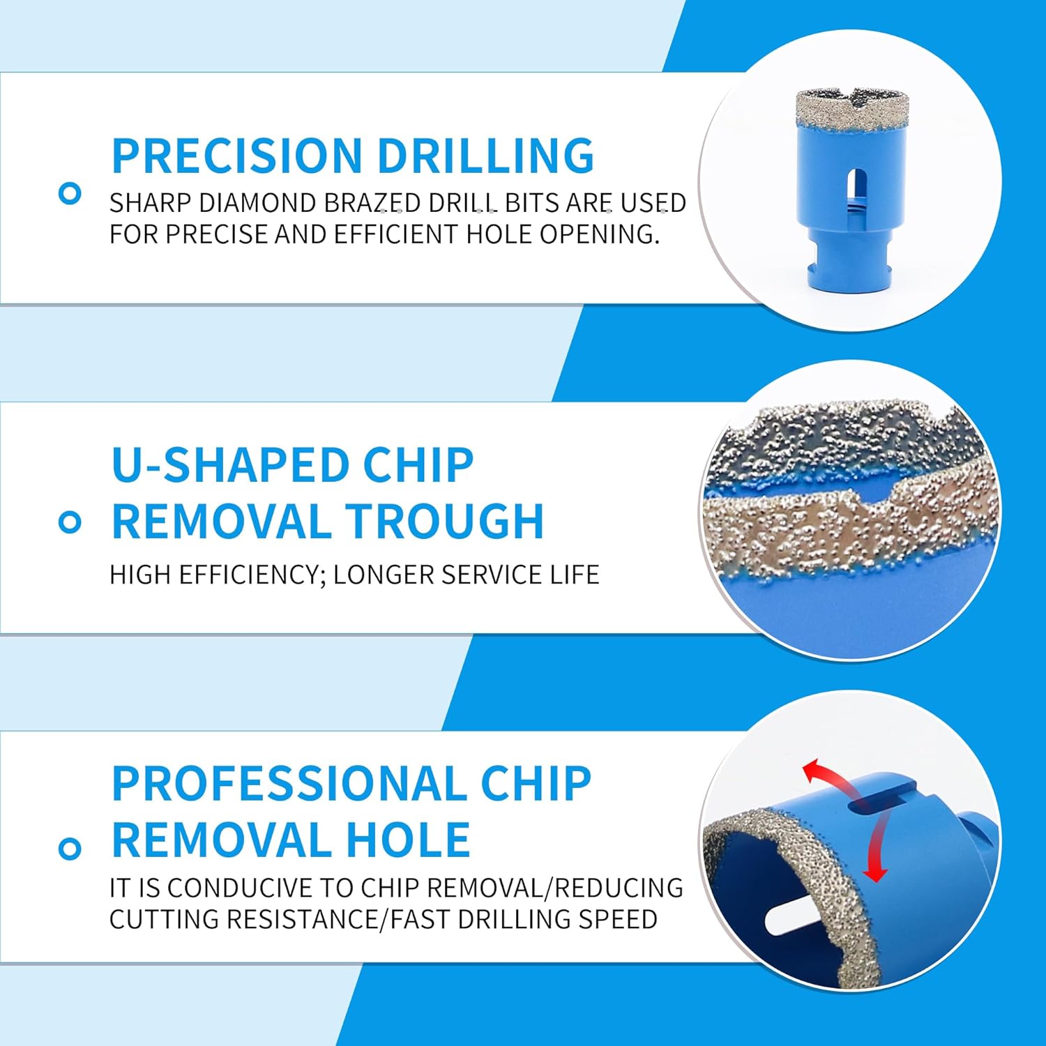 Diamond Hole Saw Drill Bits Set,5/8-11 Thread 6/8/10/12/16/20/25/35/55/68mm Diamond Core Drill Bits Set for Tile, Porcelain, Marble, Granite, Stone Triangle Shank with Storage Case 10pcs (Blue)