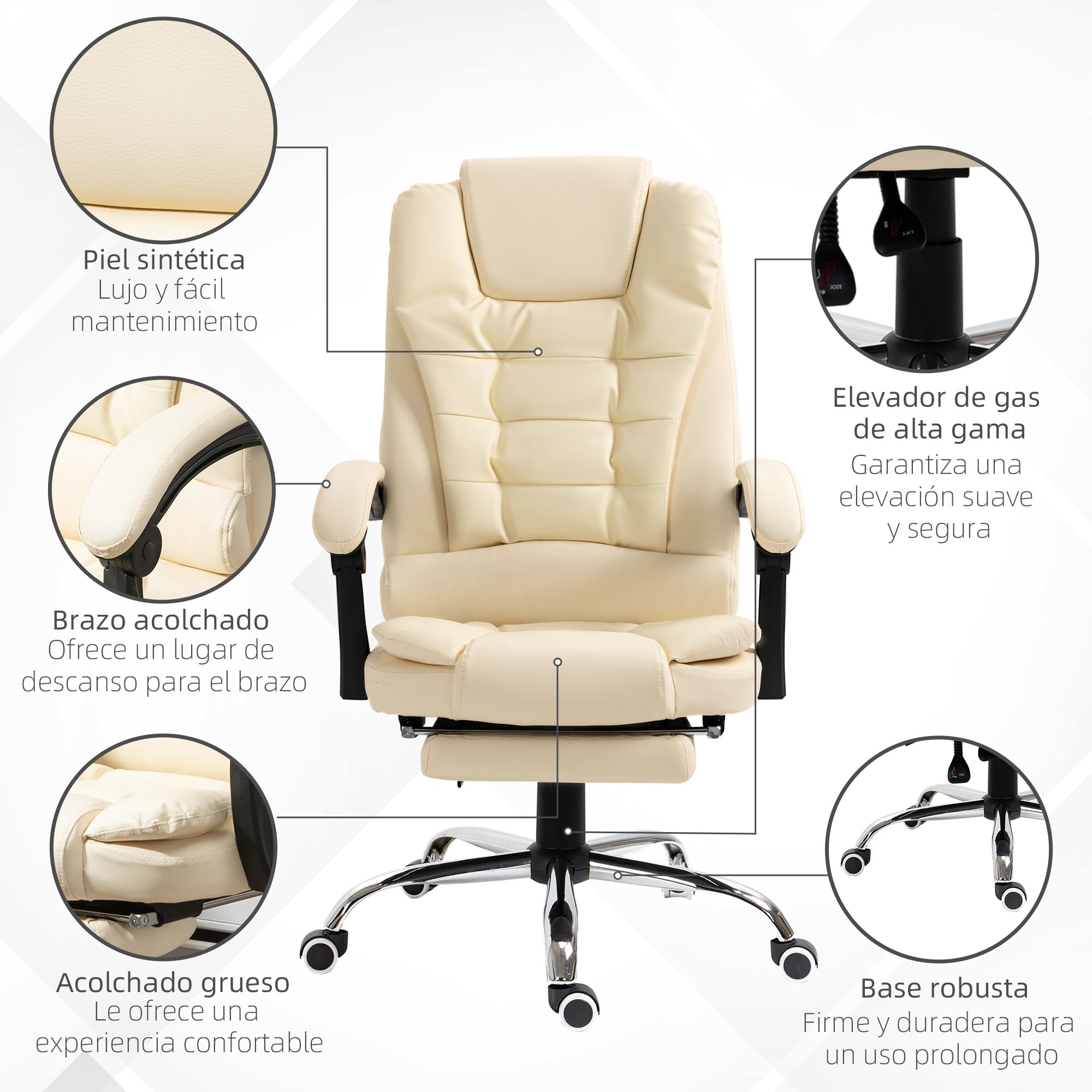 HOMCOM Silla de Oficina Reclinable con Reposapiés Altura Ajustable Crema | Silla de Escritorio Giratoria, Tapizada en PU, con Reposabrazos, para Estudio