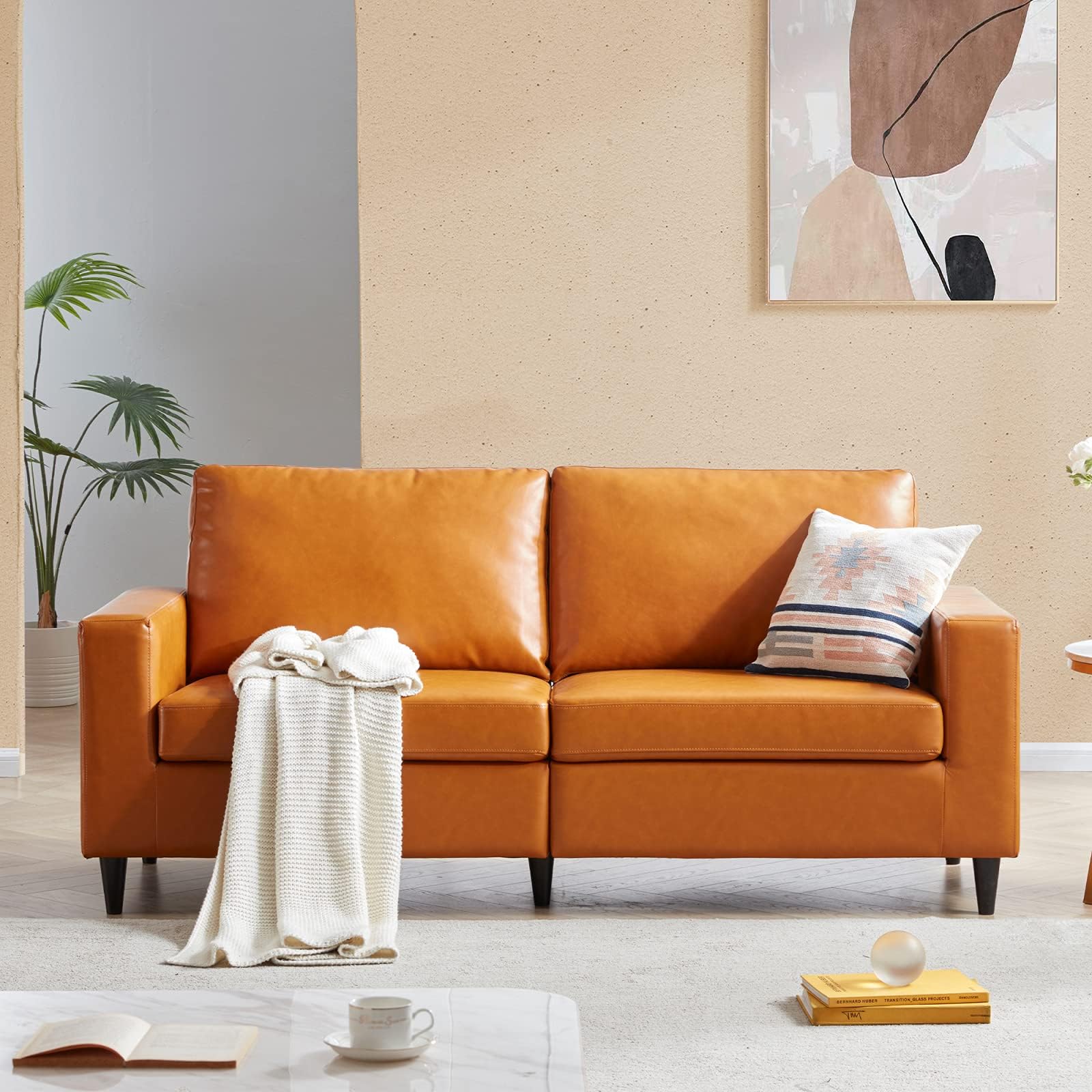 Pannow Modern Sleeper Sofa with Armrests and Tall Back, PU Leather Sofa Couch Furniture, Upholstered 3 Seat Sofa Couch for Living Room Bedroom Guest Room Office Coffee Shop, Brown