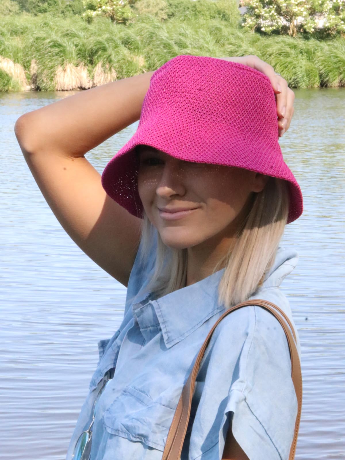 styleBREAKER Sombrero de Sol para Mujer de Paja de Papel, Bucket Hat Plegable Ligero con Banda Absorbente y ala para protección Solar en Playa y Ocio