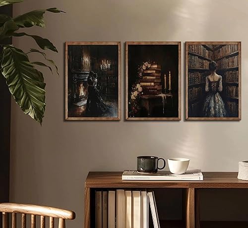 Miniatura 5 de 3 piezas de lienzo vintage de biblioteca, arte de pared, arte gótico oscuro, academia, estética, impresiones de pinturas victorianas de libros