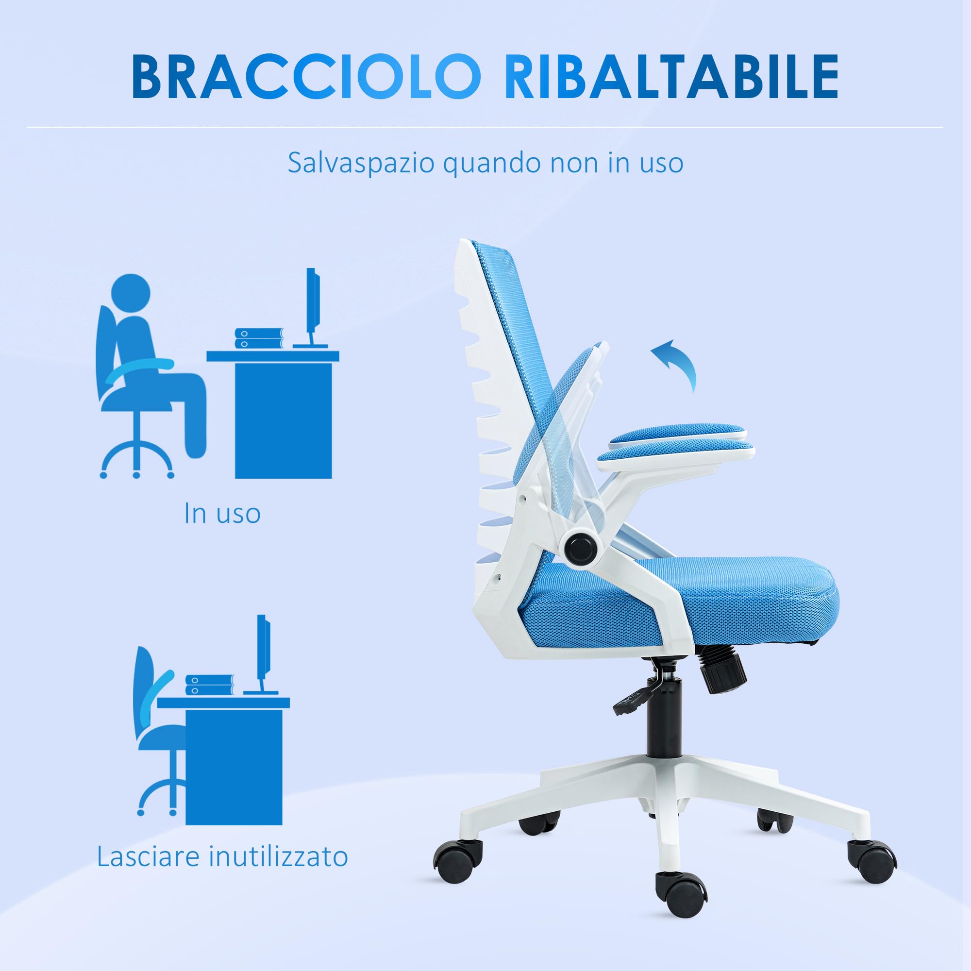 Vinsetto Sedia Ergonomica Ufficio Girevole 54x54x89-99 cm Bianca e Azzurra