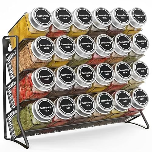 4 Tier Spice Rack for Inside Cupboard, Free Standing Metal Seasoning Rack, Large Vertical Spice Jars Organiser for Kitchen Countertop Pantry (Black)