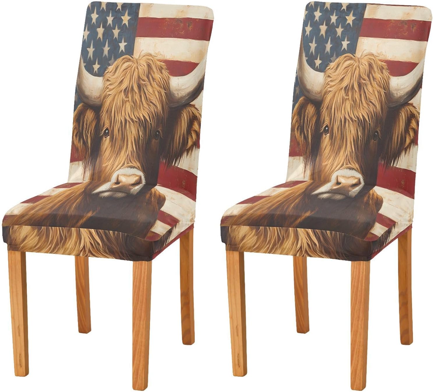 ALAZA Chair Covers for Dining Room, Highland Cattle American Flag Stretch Chair Cover Sets Chair Protector Removable Washable for Ktichen Restaurant Hotel