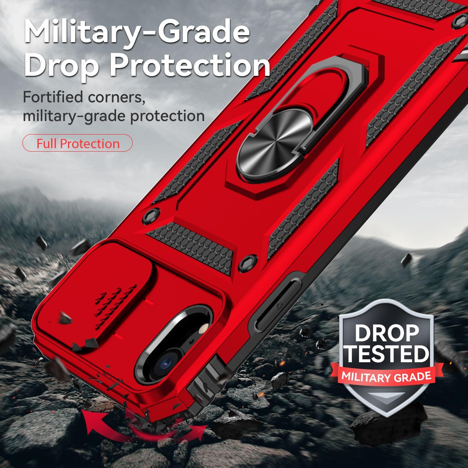 SunStory Compatible with iPhone XR Case with HD Screen Protector & Slide Camera Cover & Rotated Ring Kickstand, [Military-Grade] Phone Case for iPhone XR,Red