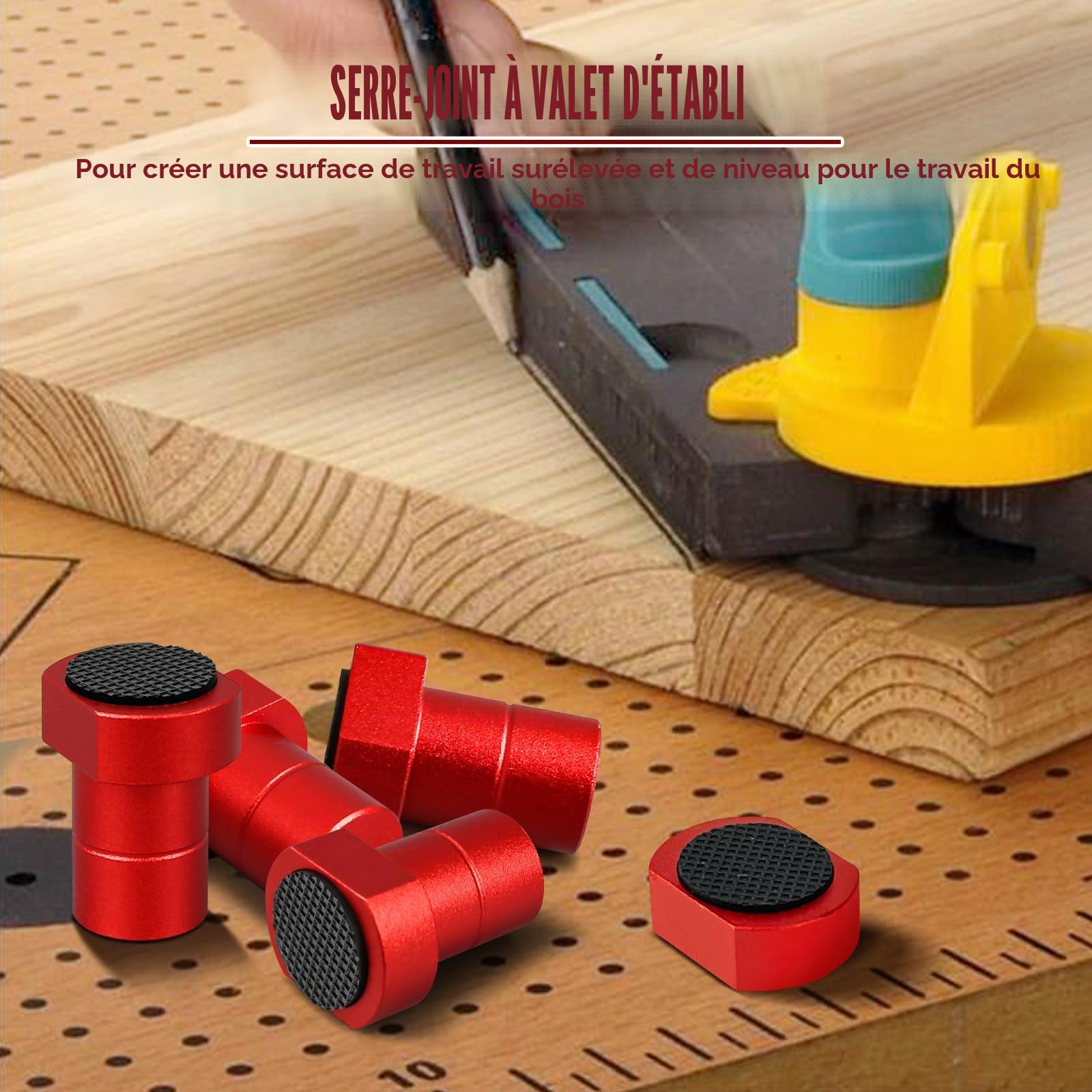 Lot de 8 pinces pour établi en alliage d'aluminium pour chien - Pince d'établi pour le travail du bois - Pince pour établi - Accessoire pour trou pour chien de 19 mm/20 mm (rouge, 20 mm)