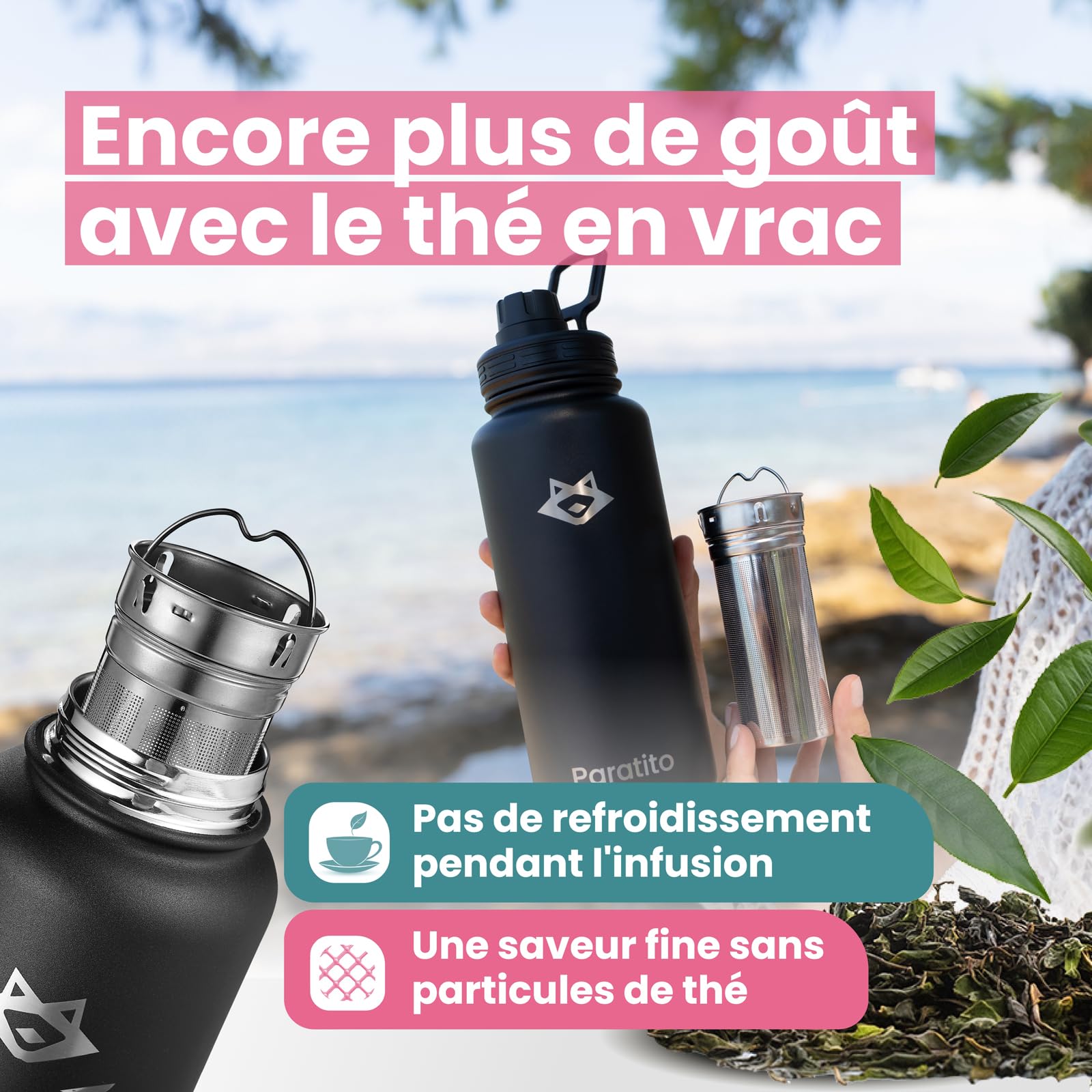Bouteille isotherme avec infuseur à thé et bouchon à vis sport – Parfait pour les déplacements