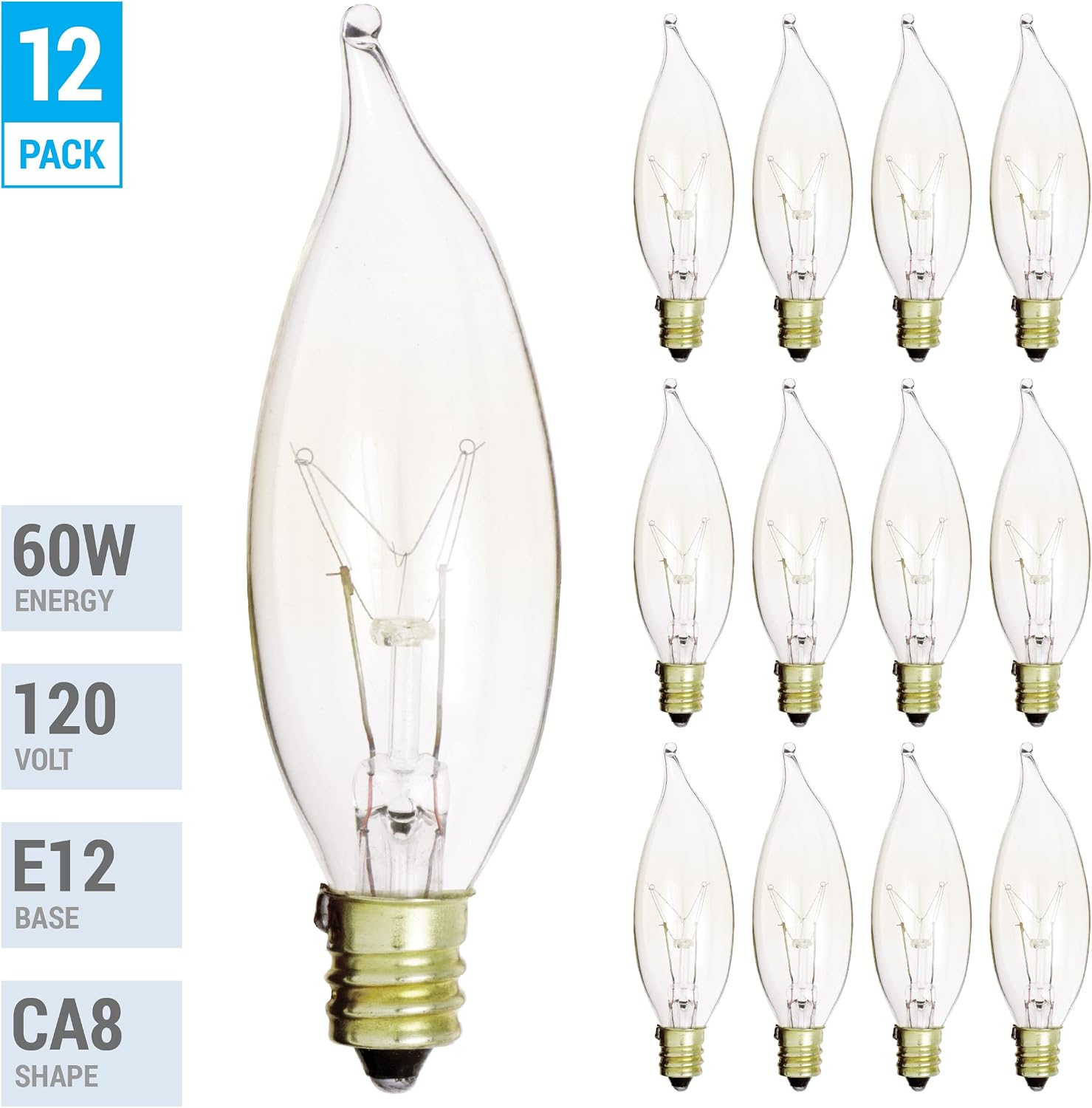 KOR Pack of 12 – 60 Watt Flame Tip Shape Clear Candelabra Light Bulbs, E12 Base, 120V, Incandescent Dimmable. Warm White Color, 60W for Chandeliers, Pendants, Ceiling Fan and Sconces