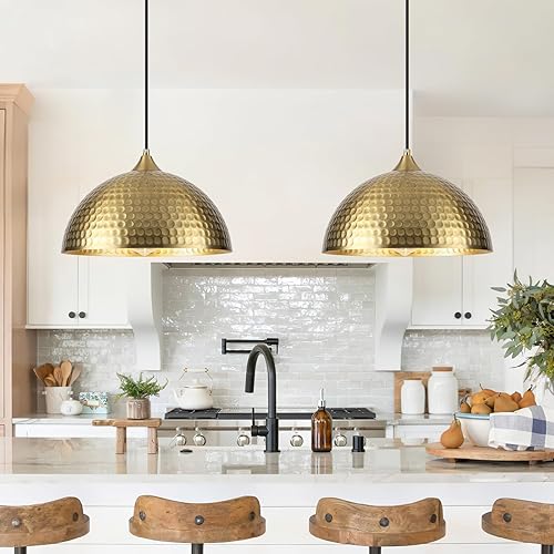 Miniatura 1 de Paquete de 2 luces colgantes doradas para isla de cocina, lámpara colgante de cúpula martillada de 12 pulgadas, luces colgantes de cocina de granja,