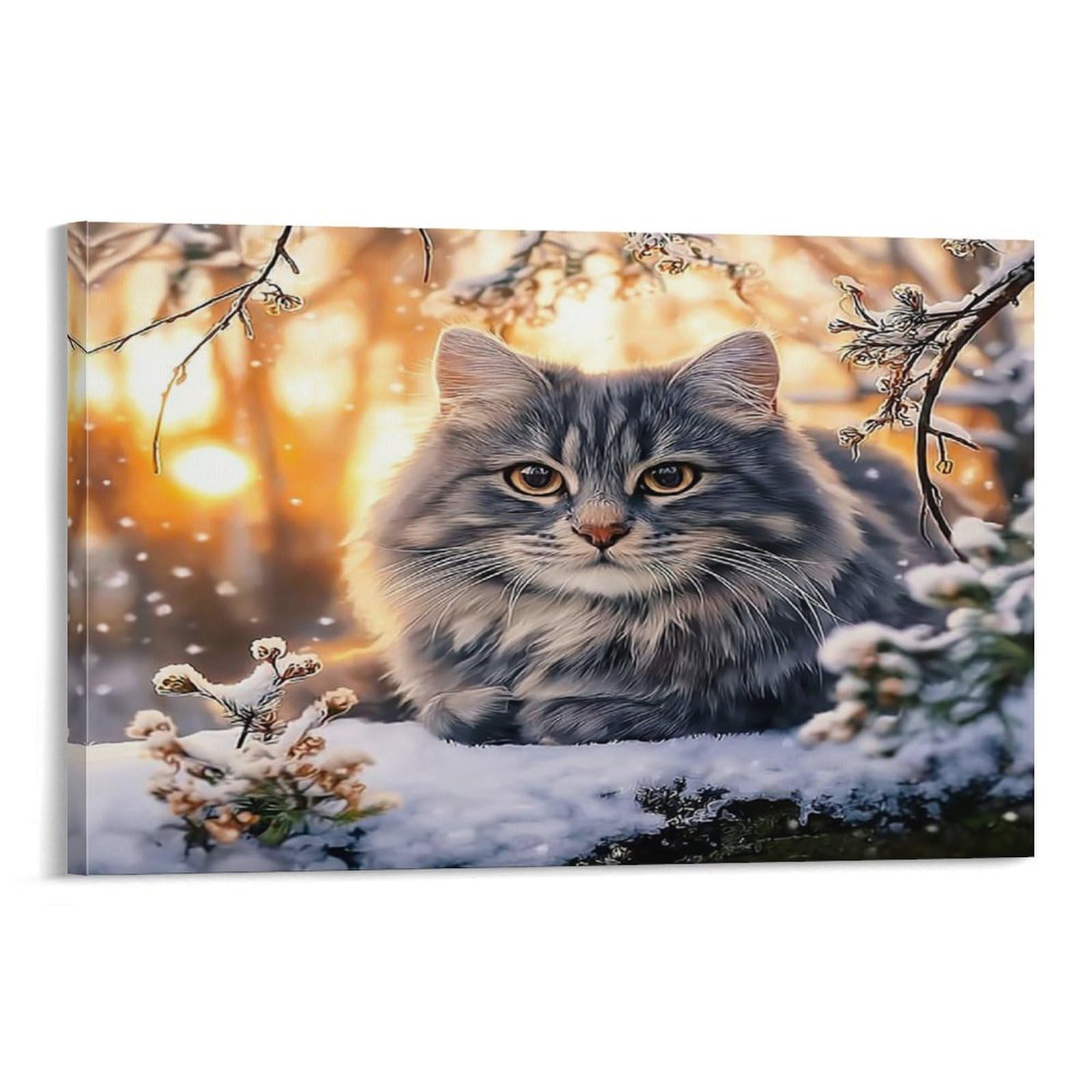 CPLVKWRQJ Snowy Cat Portrait Single Piece Fluffy Tabby Cat Sunset Snowy Woodland Canvas Wall Decor - Office Canvas Print Fade Resistant Wall Focal Art Decor 12x18inch(30x45cm)