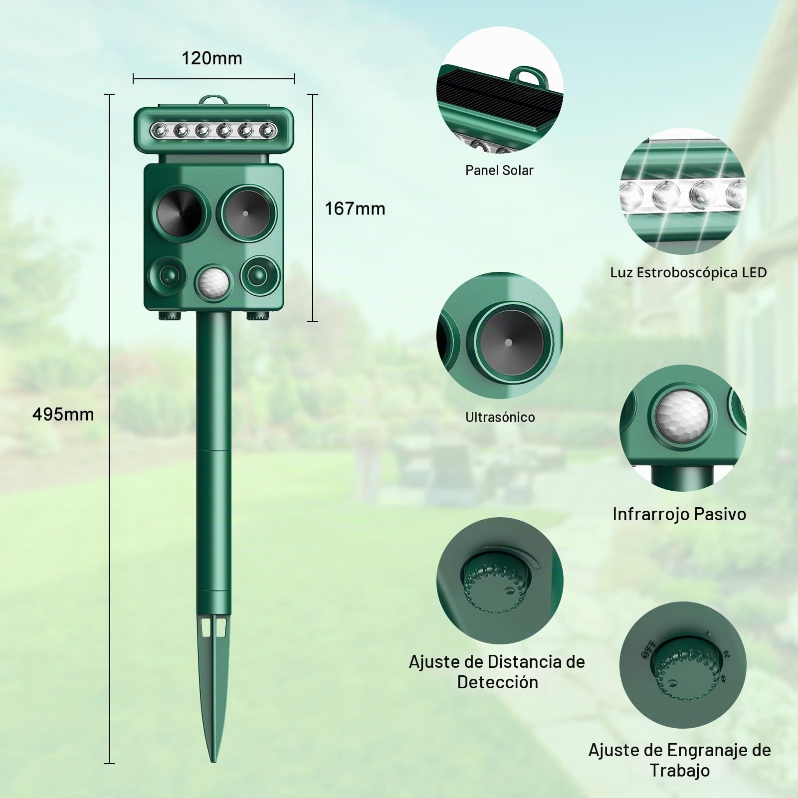Repelente para Gatos, Ahuyentador de pájaros, IP65 Impermeable, disuasión Solar ultrasónico, Ahuyentador de Ratas con LED Intermitentes, Perros, Ratones, Zorros