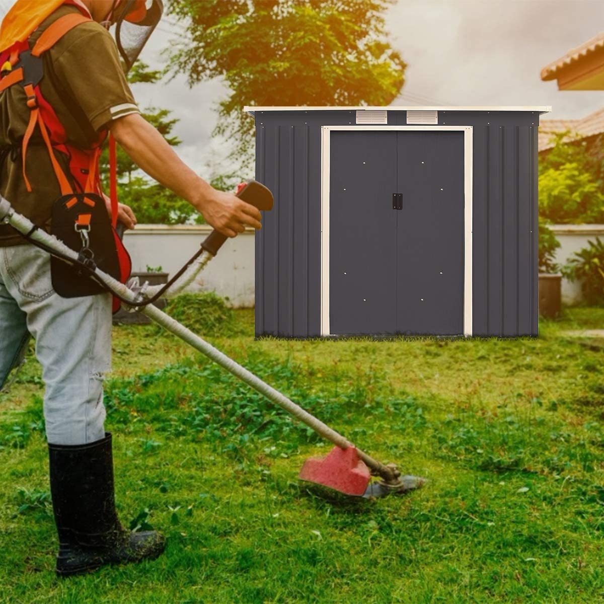 GOPLUS metalowy domek na narzędzia 2,37 m², 213 x 130 x 173 cm, szopa ogrodowa z drzwiami przesuwnymi i oknami oraz fundamentem, ocynkowany, odporny na warunki atmosferyczne domek ogrodowy do ogrodu
