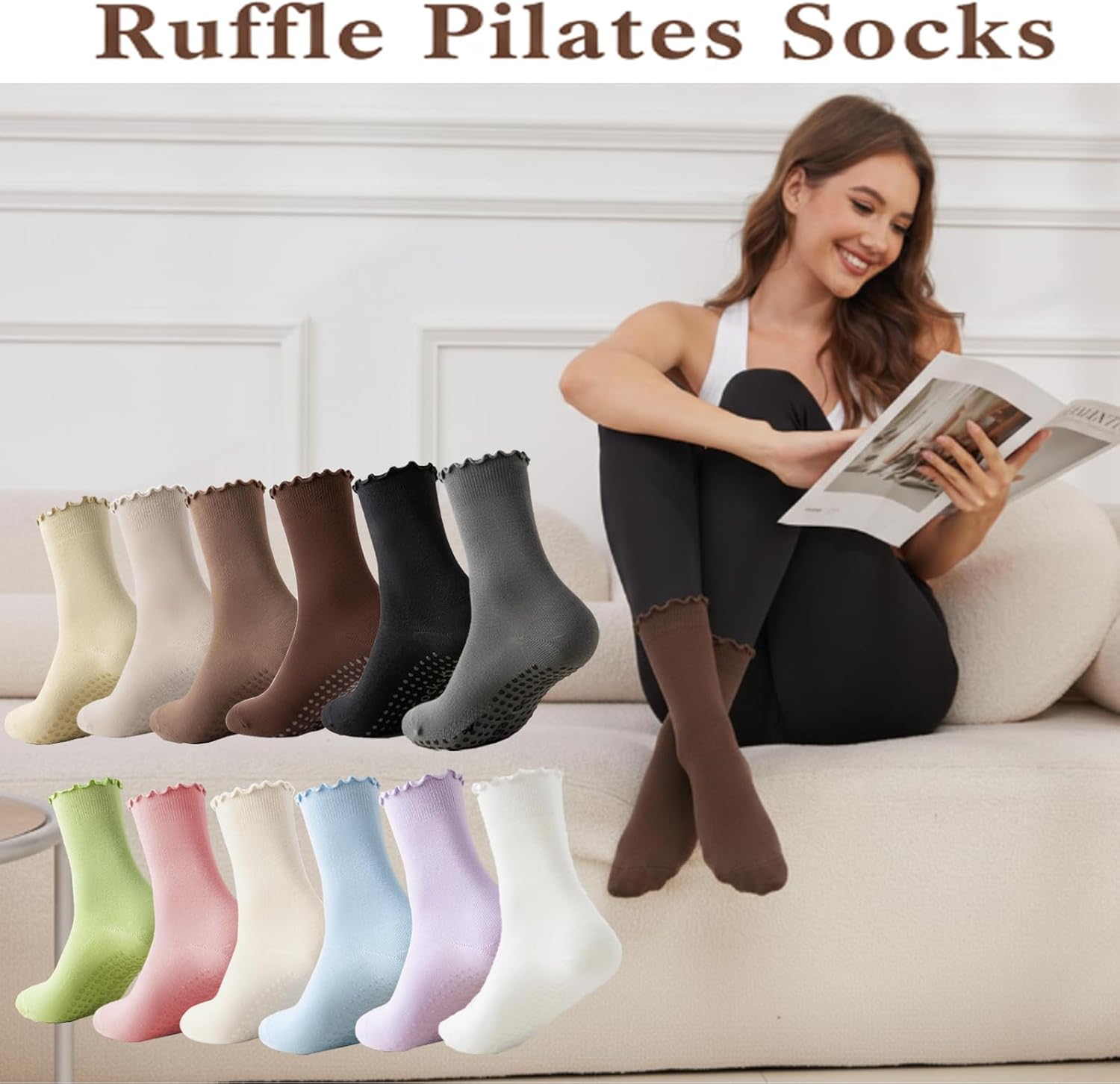 4 Pairs Ruffle Yoga Socks for Women,Cute Frilly Non-Slip Grips Socks for Pilates,Fitness,Hospital,Pregnant - Image 2