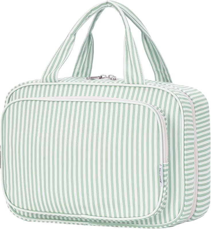 Necessaire de viagem Narwey com gancho, organizador grande para maquiagem e itens de higiene, C-Mint Green Stripe