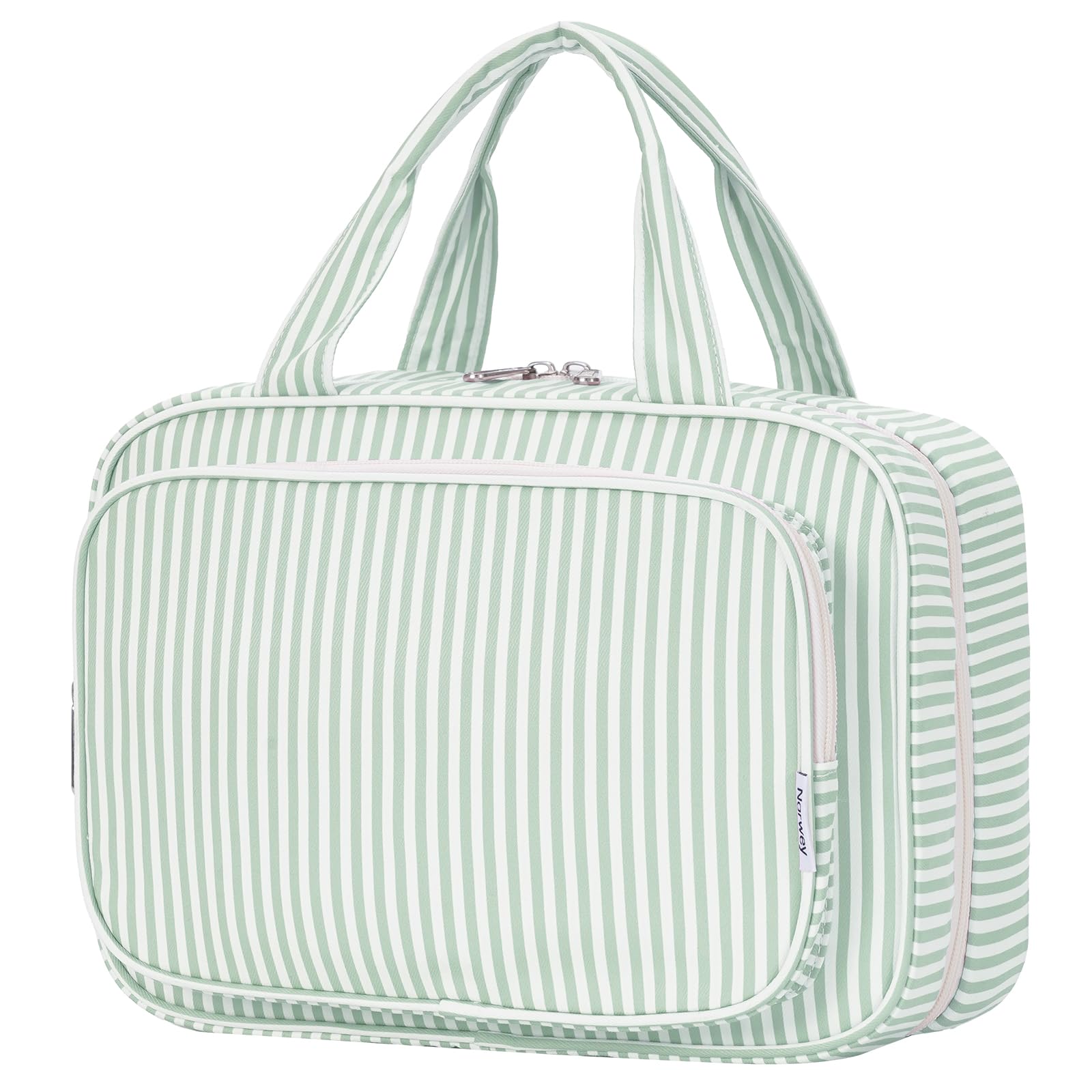 Narwey Striped Travel Toiletry Bag for Women Large Hanging Makeup Bag Organizer Toiletries Bag for Full Size Essentials Accessories Cosmetics (Mint