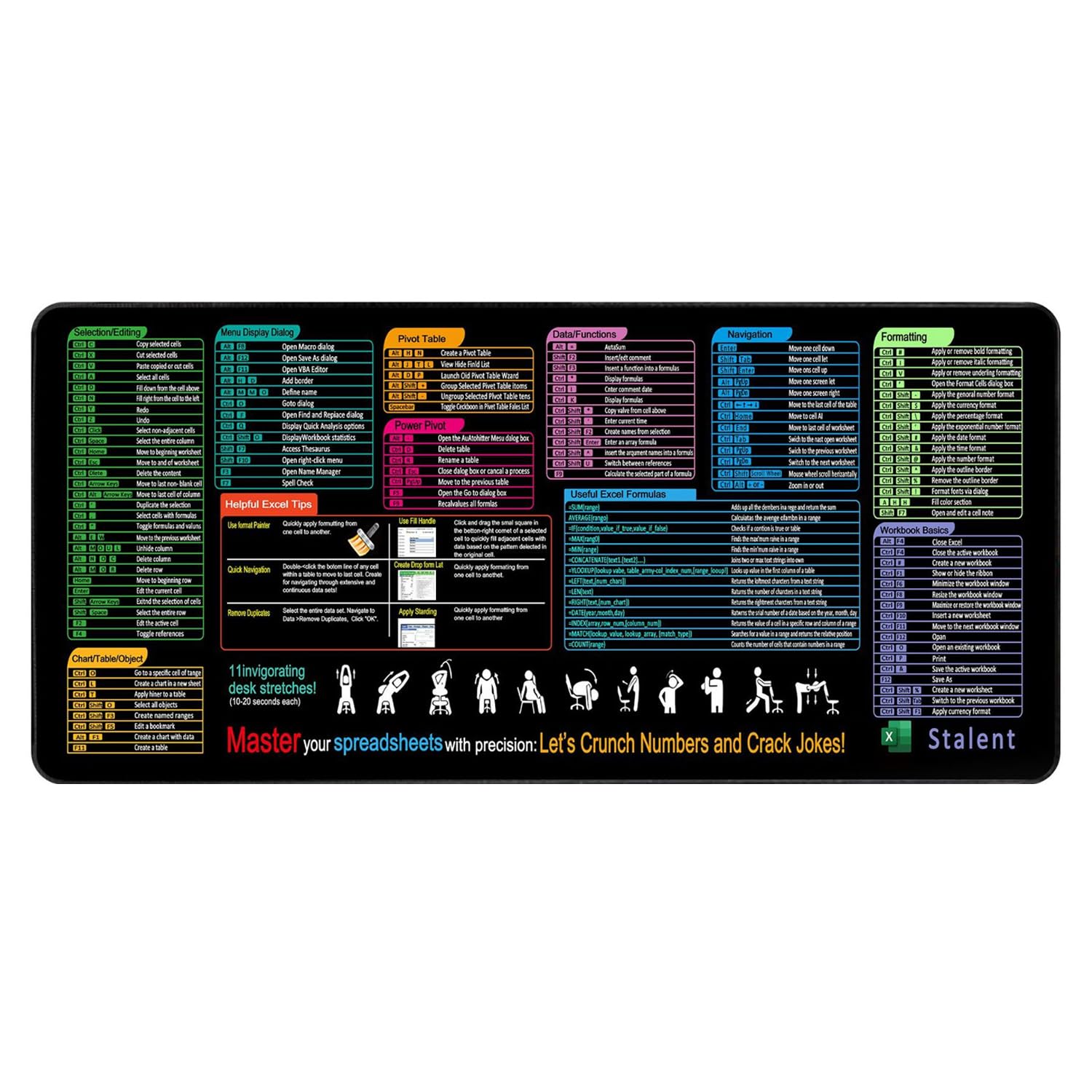 Cheat Sheet Desk Pad 31.5x11.8 - Large Keyboard Shortcut Reference Mouse Pad for Windows PC | Waterproof Non-Slip XL Office Desk Mat for Accountants, Students&Work Productivity, Stitched Edges