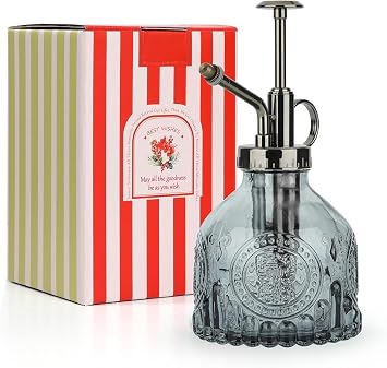T4U Glass Plant Mister 200ML, Vintage Spray Bottle with Top Pump Fine Mist Garden Flower Sprayer Small Decorative Spritzer Watering Can Gift for Indoor Outdoor Succulent House Plant Grey