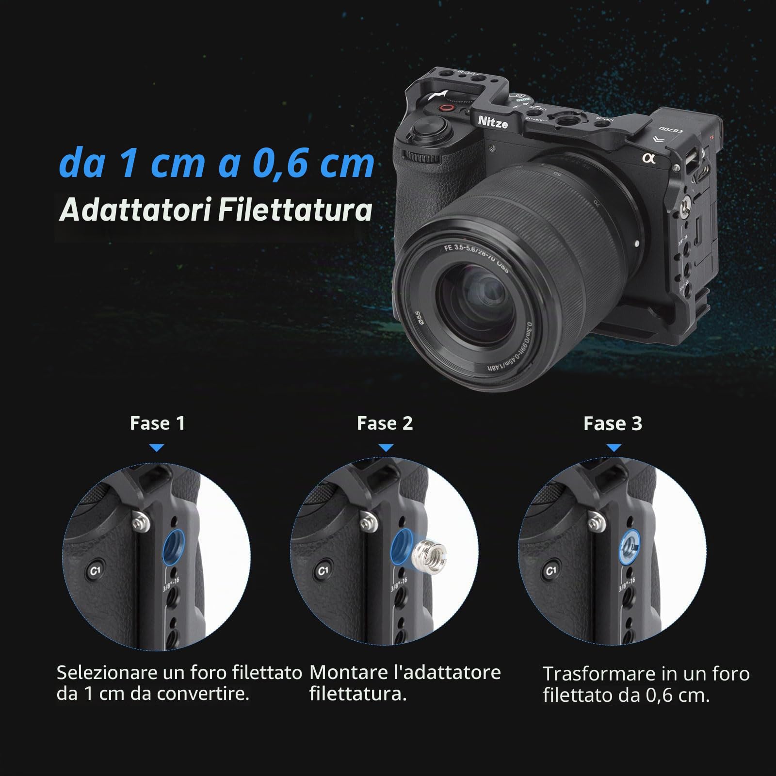 Nitze A6700 Cage, Gabbia per Sony Alpha 6700 Fotocamera con Morsetto per Incorporato Cold Shoe, NATO Rail e Piastra Sgancio Rapido Arca - T-S12A