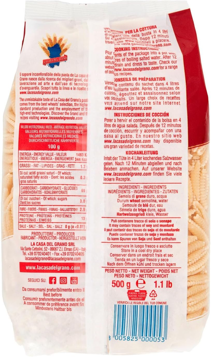 La Casa Del Grano Malloreddus medi Pasta di semola di grano duro medi Pasta de sémola de trigo duro, 20 x 500 g + polpa italiana gourmet 400 g