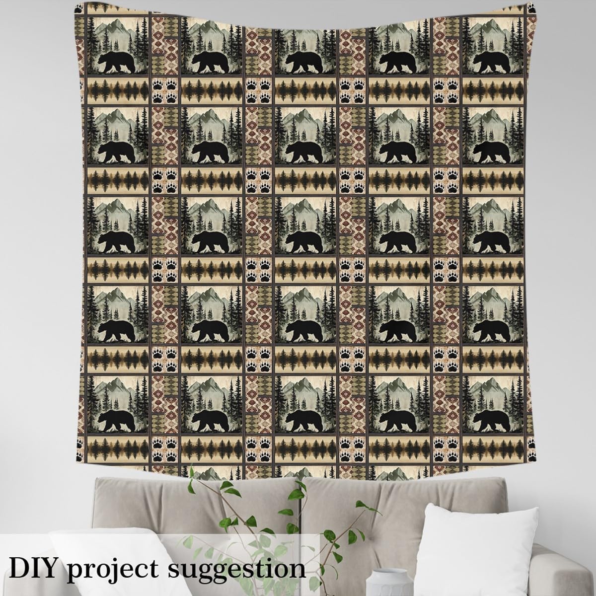 Erosebridal Rustic Bear Fabric by The Yard Vintage Farmhouse Cabin Upholstery Fabric for Women Sewing Woodland Animals Waterproof Material Hunting Theme Wildlife Room Decor,5 Yards,Green Black