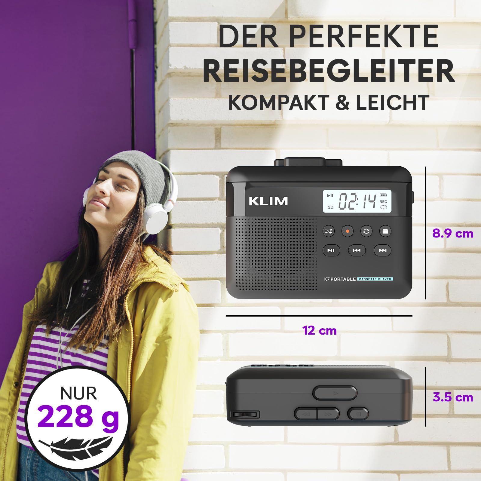 KLIM K7 Kassettenspieler, Kassettenrecorder & MP3 Konverter, Tragbare Kassettenspieler mit integriertem Mikrofon & Lautsprecher, Wiederaufladbar über USB – Inkl. Ohrhörer – 32 GB SD-Karte - Schwarz