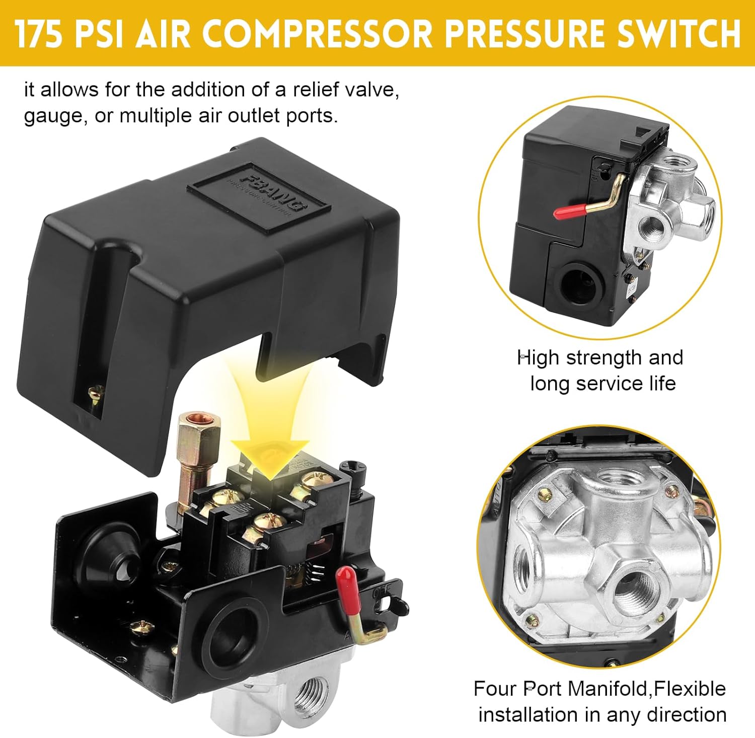 Air-Compressor Pressure Switch 135-175 psi 4 Port 26 Amp 220V, with Adjustable Unloader and Relief Valve