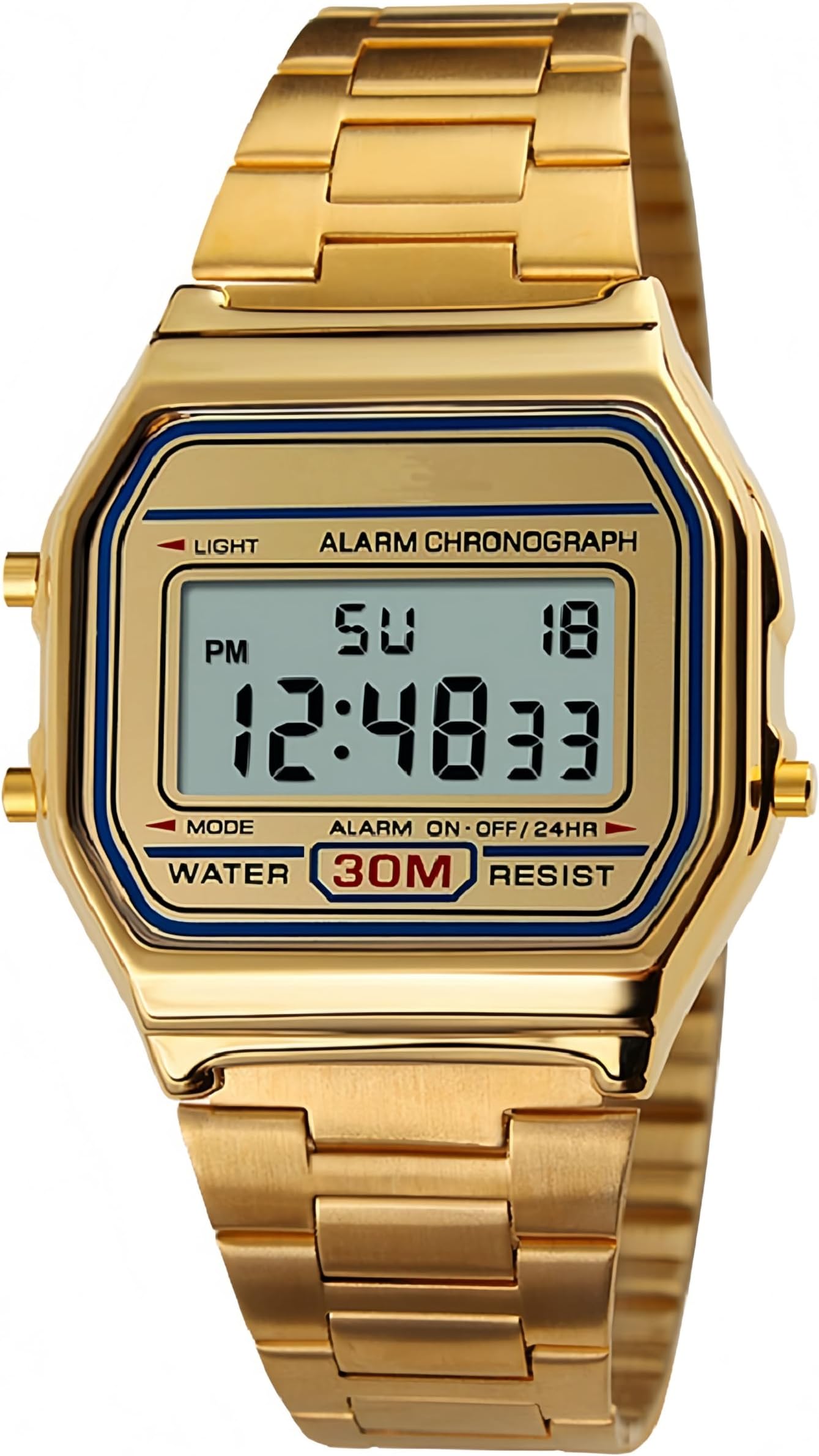 Digital Sports Watch Water Resistant Outdoor Stainless Steel Band Electronic Waterproof Square LED Back Light Men's Wristwatch Gold 1123