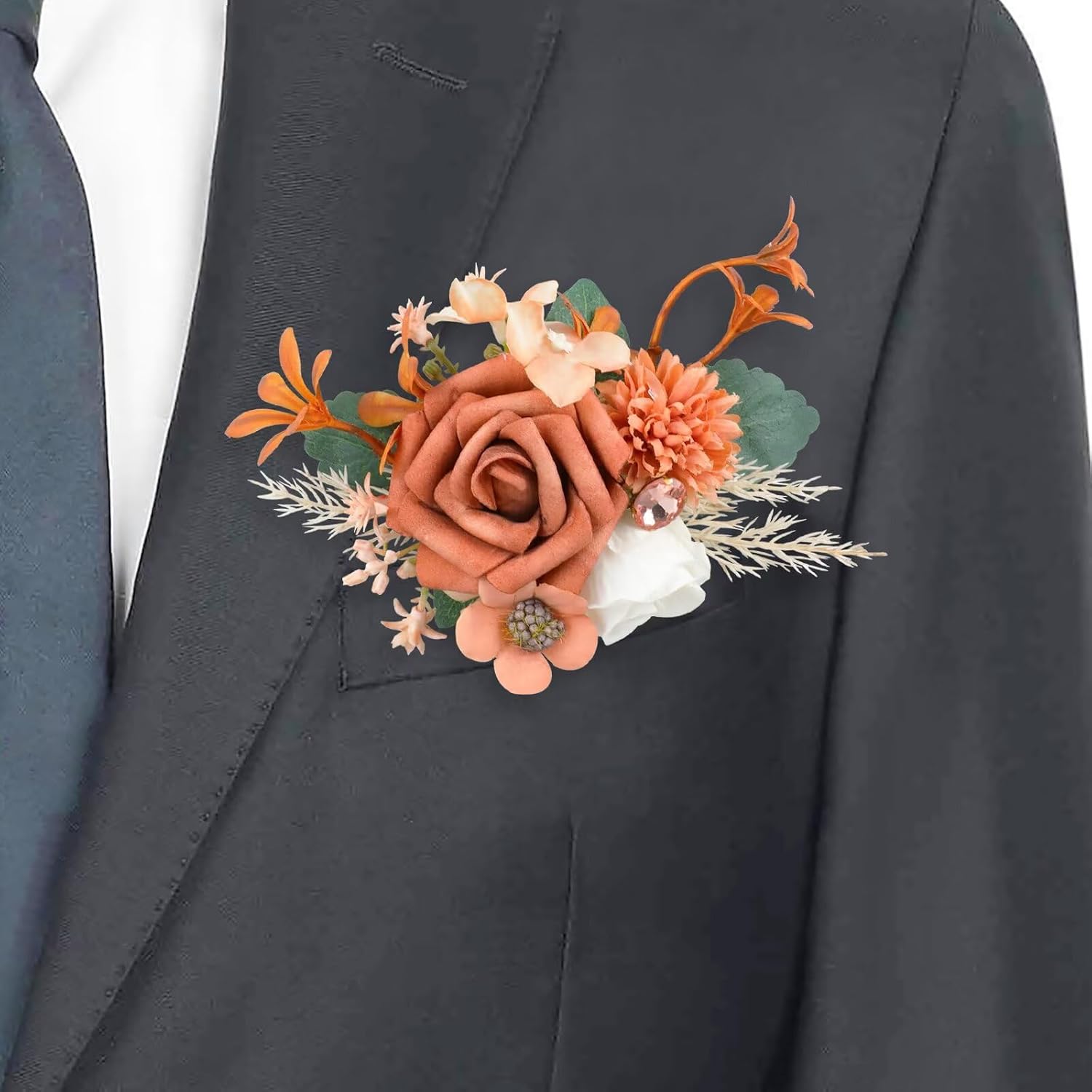 Boutonniere for Men, Groom and Groomsmen Pocket Boutonniere Terracotta Flowers Pocket Square Boutonnieres for Wedding Prom Party Graduation
