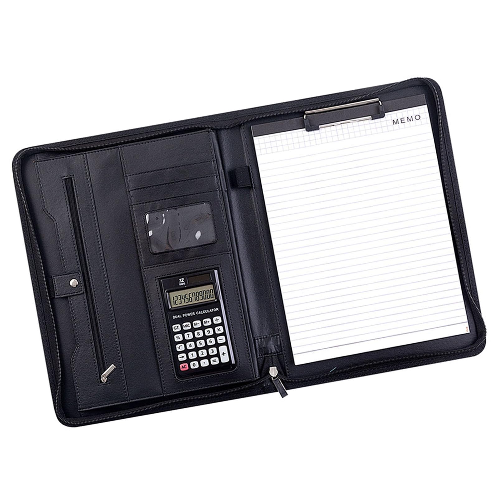 Cartella Per Conferenze in Pelle Custodia Per Documenti Aziendali Con Cerniera Con Portablocco Per Calcolatrice Tasche Multiple Porta Carte Slot Per Penna Chiusura Con Cerniera